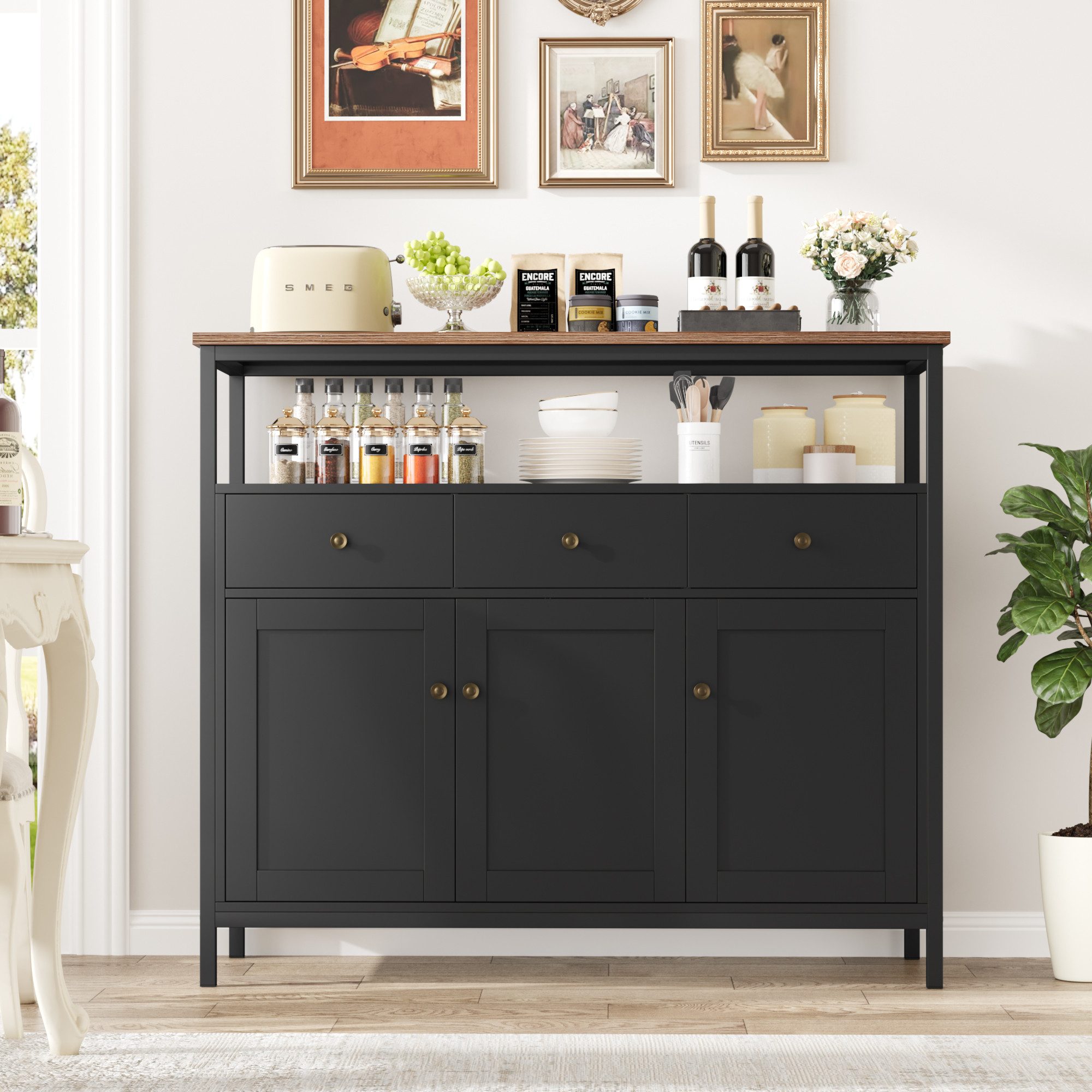 Homfa Sideboard Küchenschrank, mit 3 Schubladen 3 Türen Buffetschrank weiß 108x38x98,5cm