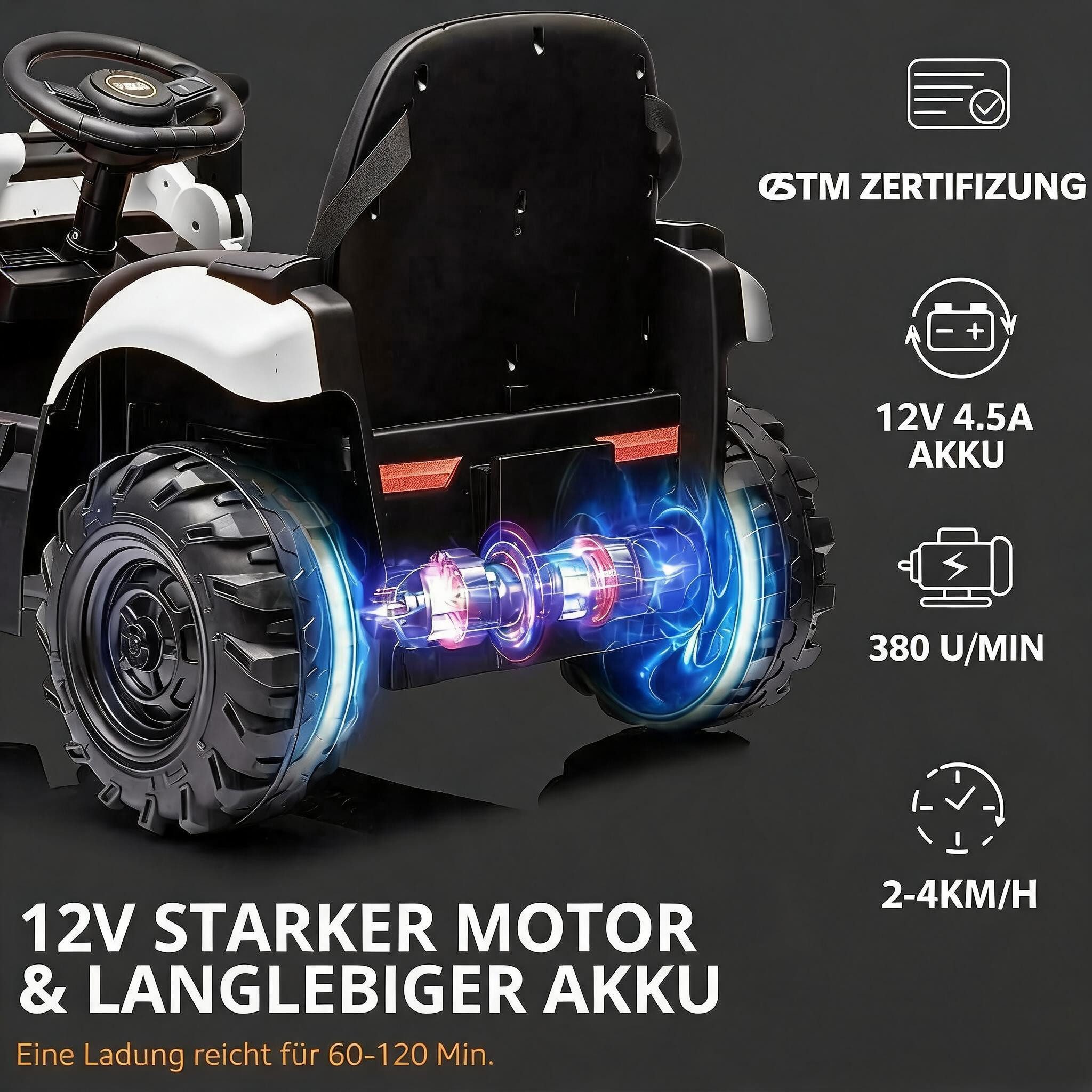 GarveeMore Elektro-Kinderauto 4-in-1 Kinder Elektrofahrzeug 12V, Elektrischer Traktor, Mit Bagger & Frontlader, Hupe, Abnehmbares Dach