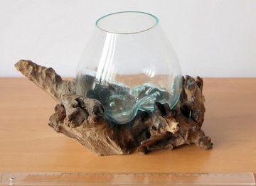 Wogeka Dekovase Glas-Vase auf Wurzelholz Ø Glas 12-13 cm Teakholz Gamal