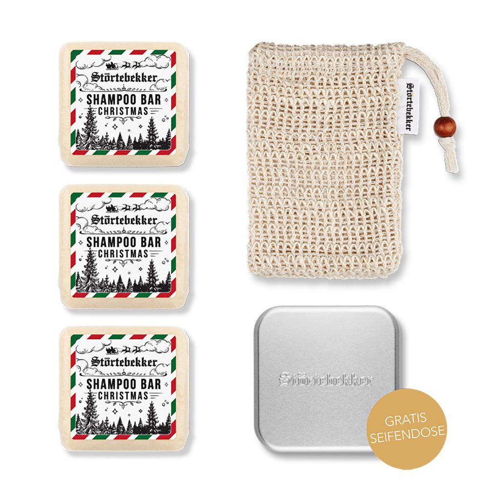 Störtebekker Festes Haarshampoo Duschset - 3x Shampoo, Soap Bag und GRATIS Seifendose, Veganes Shampoo, praktische Aufbewahrung, handgefertigt in Holland