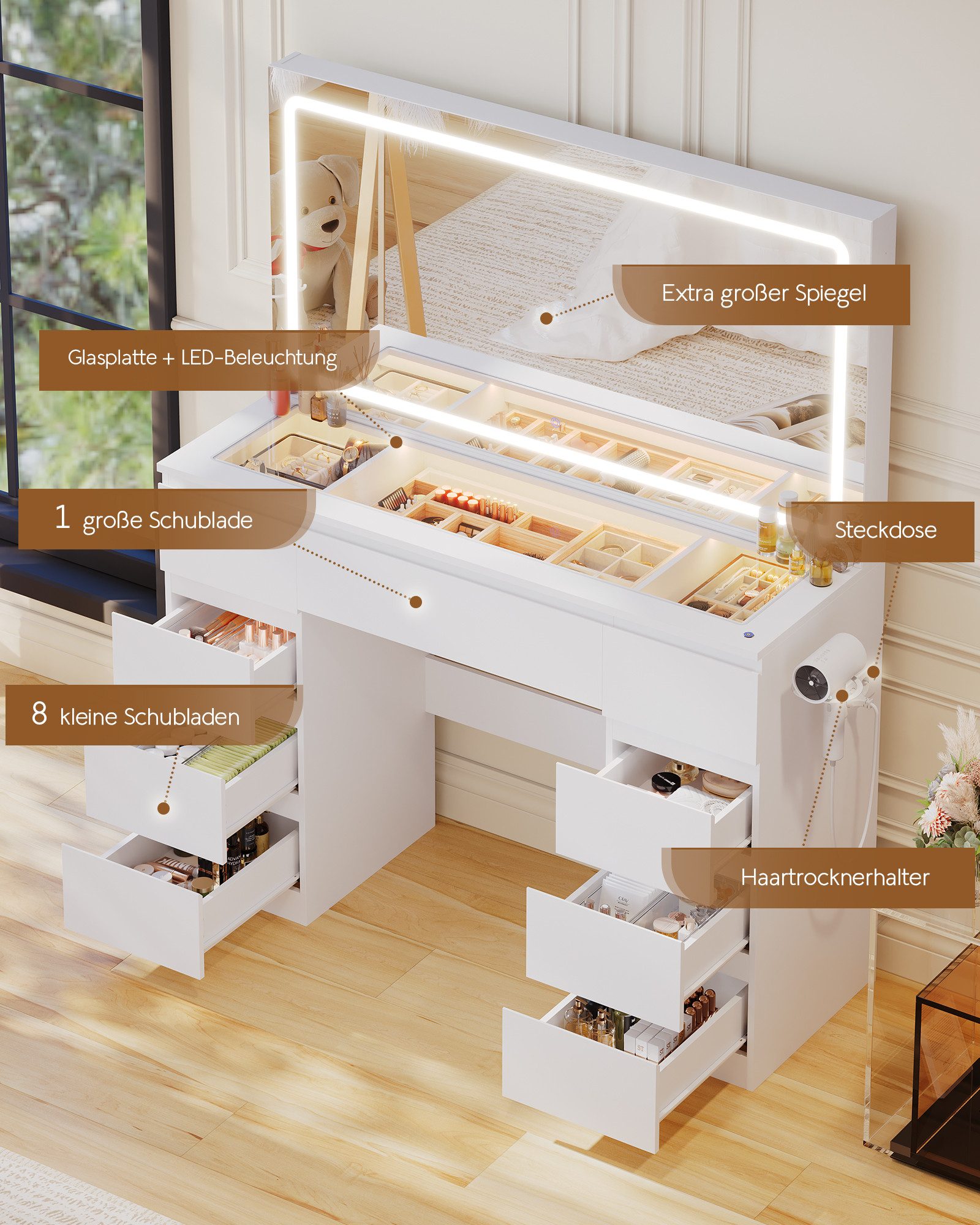 HOMALL Schminktisch Extra großer LED-Schminkspiegel mit Frisiertisch und Stuhl im Set (Kinderschminktisch 115 × 40 × 139 cm, 7 Schubladen, mit integrierter Stec – Bild 4 von 5