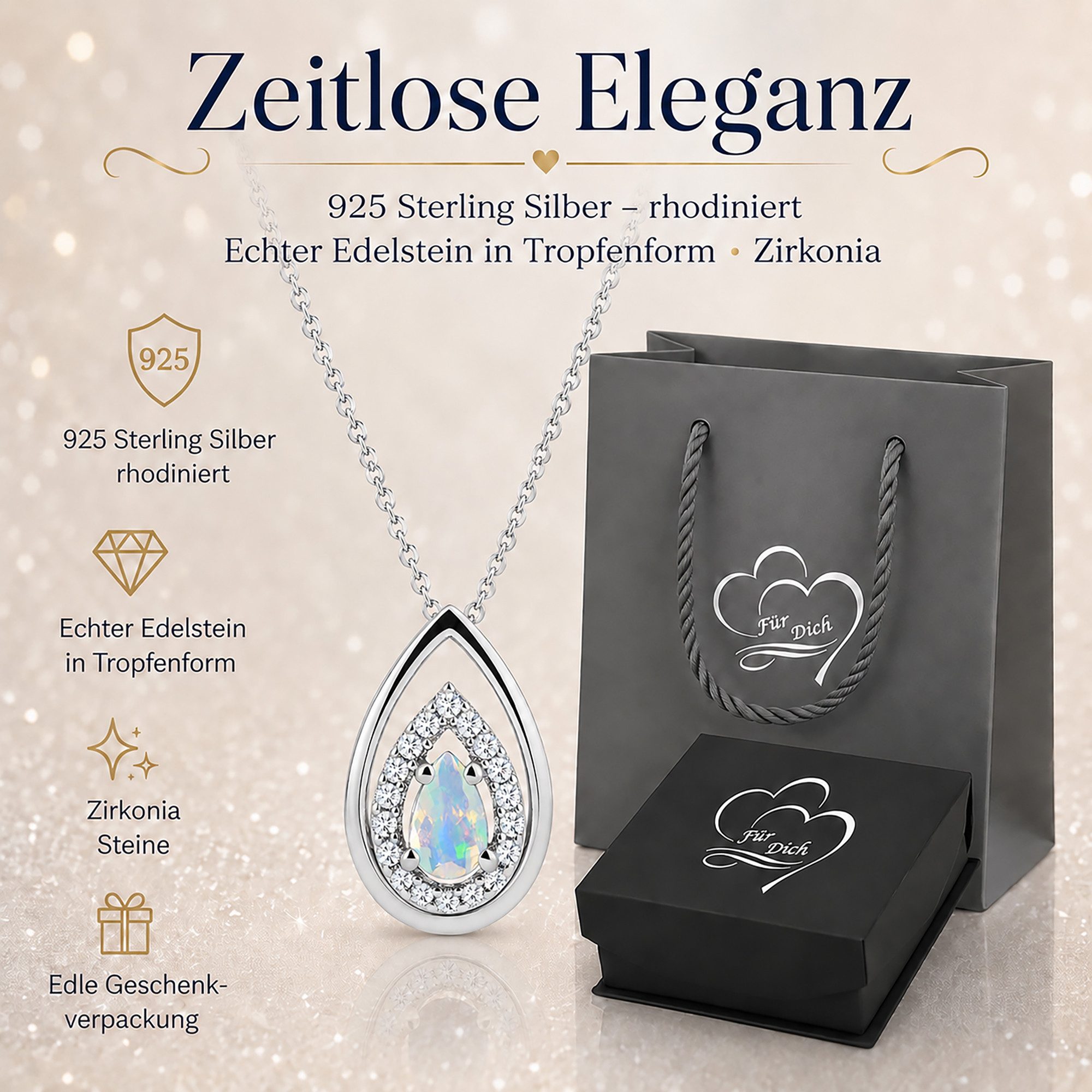 Limana Kette mit Anhänger dezenter Edelstein Schmuck Damen 925 Silber Halskette Geschenk (Frau Freundin Mama, Silberkette inkl. Dose und Tasche), Weihnachten Ge – Bild 2 von 5