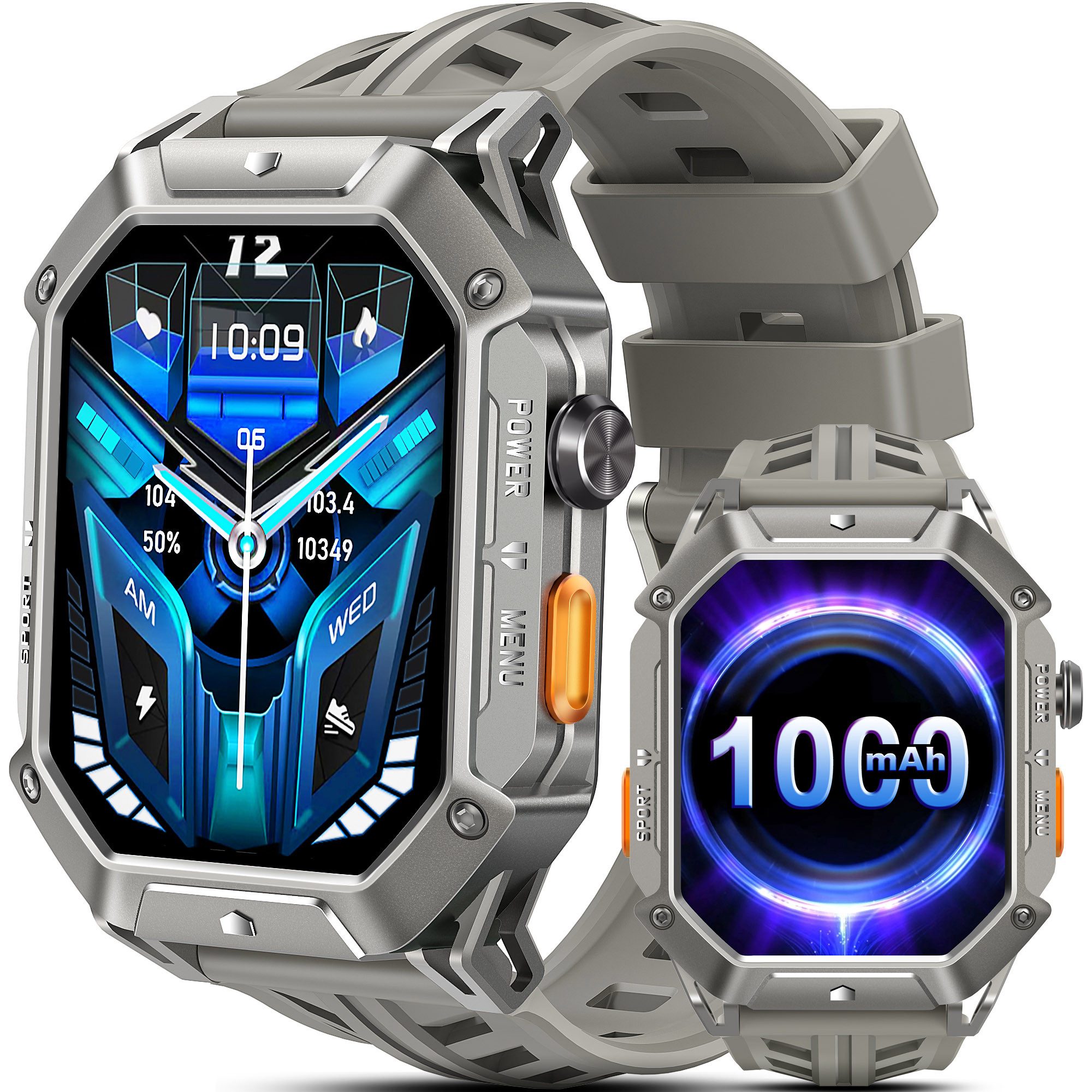 Bambooinn X1 1000mAh Akku Smartwatch Herren 2.13 " Amoled Display Smartwatch (5.41 cm/2,13 Zoll, Android IOS), mit Wechselarmband aus silbernem Silikon, IP68 Wasserdicht Android und iOS, Silber