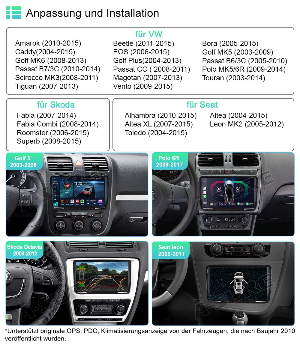A-Sure 8-Core 4+64G Android Autoradio Navi Für VW GOLF 5 6 Tiguan Touran Polo Autoradio (8Core, 4G LTE, Digitalradio (DAB), FM, AM)