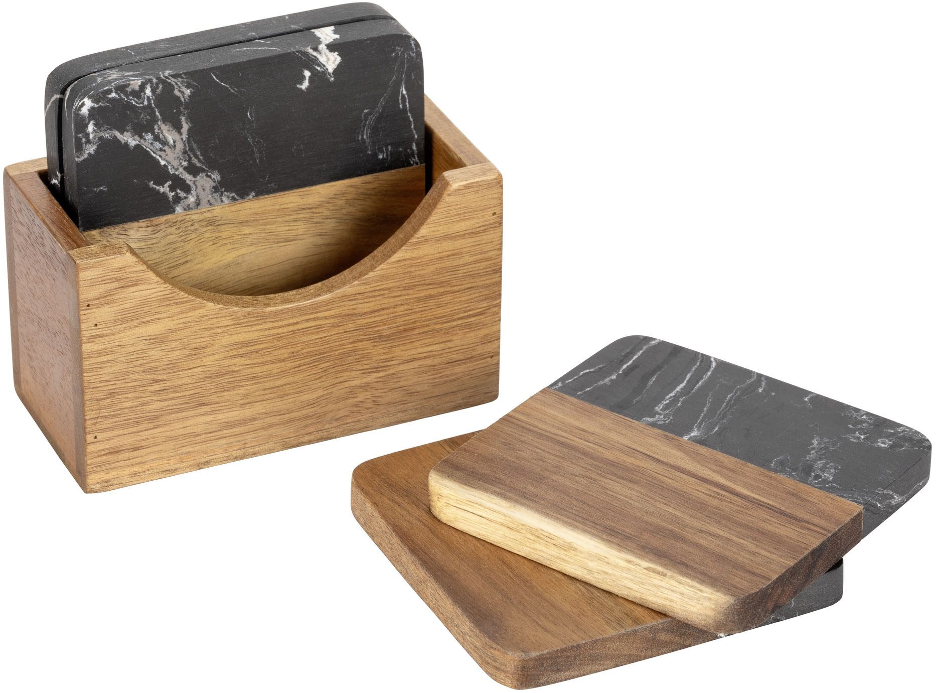 SCHÖNER WOHNEN-Kollektion Glasuntersetzer Atami, Set, 5-tlg., edle Getränkeuntersetzer aus Marmor & Akazienholz mit Halterung