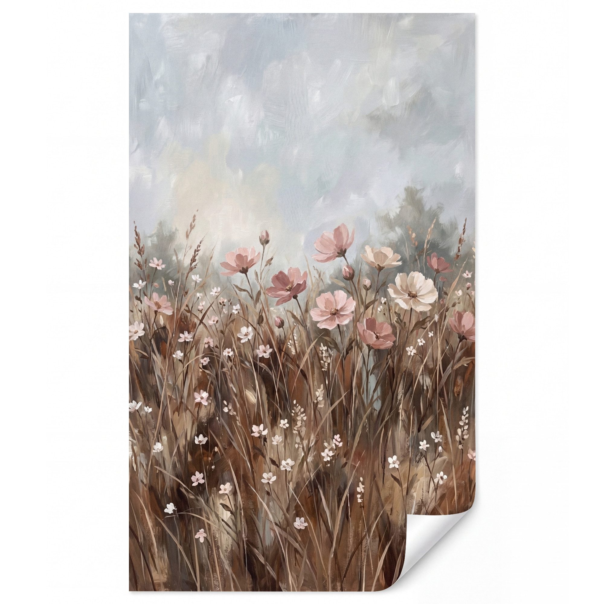 OnlyWow Fototapete Blumen - Botanisch - Malerei - Pastell - Rustikal, Matt, bedruckt, Modern, Wanddekoration, Wohnzimmer, Wandtapete 120x200cm