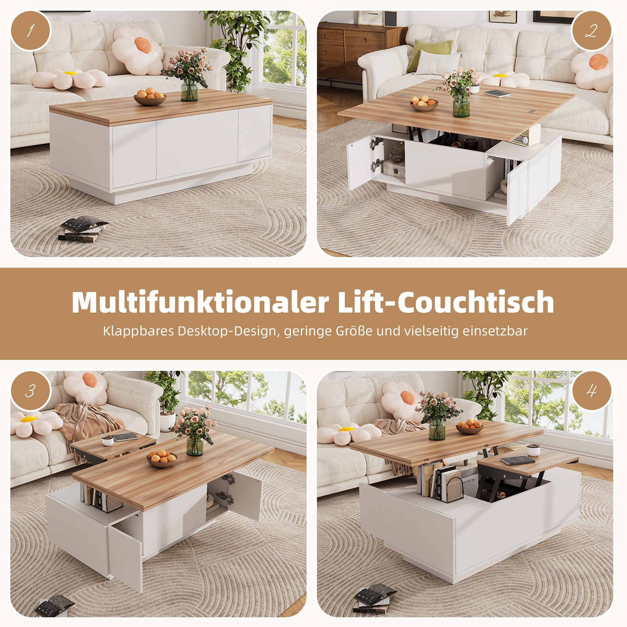 Merax Couchtisch Höhenverstellbarer Kaffeetisch mit Verstecktem Stauraum und Ablage (1-St., 100x50x43cm), Ausziehbarer Wohnzimmertisch Sofatisch für Wohnzimmer – Bild 5 von 5