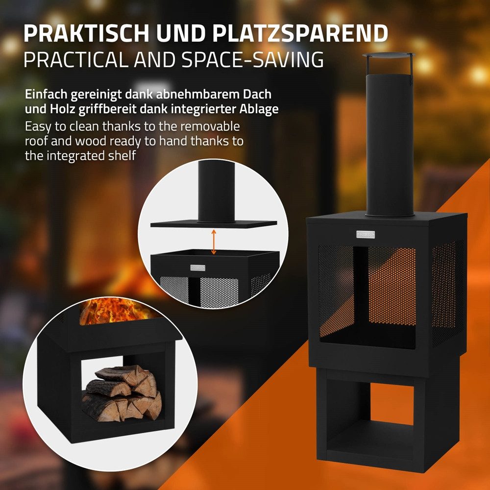 ML-DESIGN Feuerstelle Gartenkamin mit Schornstein Stahl Outdoor Terrassenofen mit Schürhaken, 128x40cm Schwarz abnehmbarem Dach Holzablage Terrassenkamin Feuerk – Bild 4 von 5