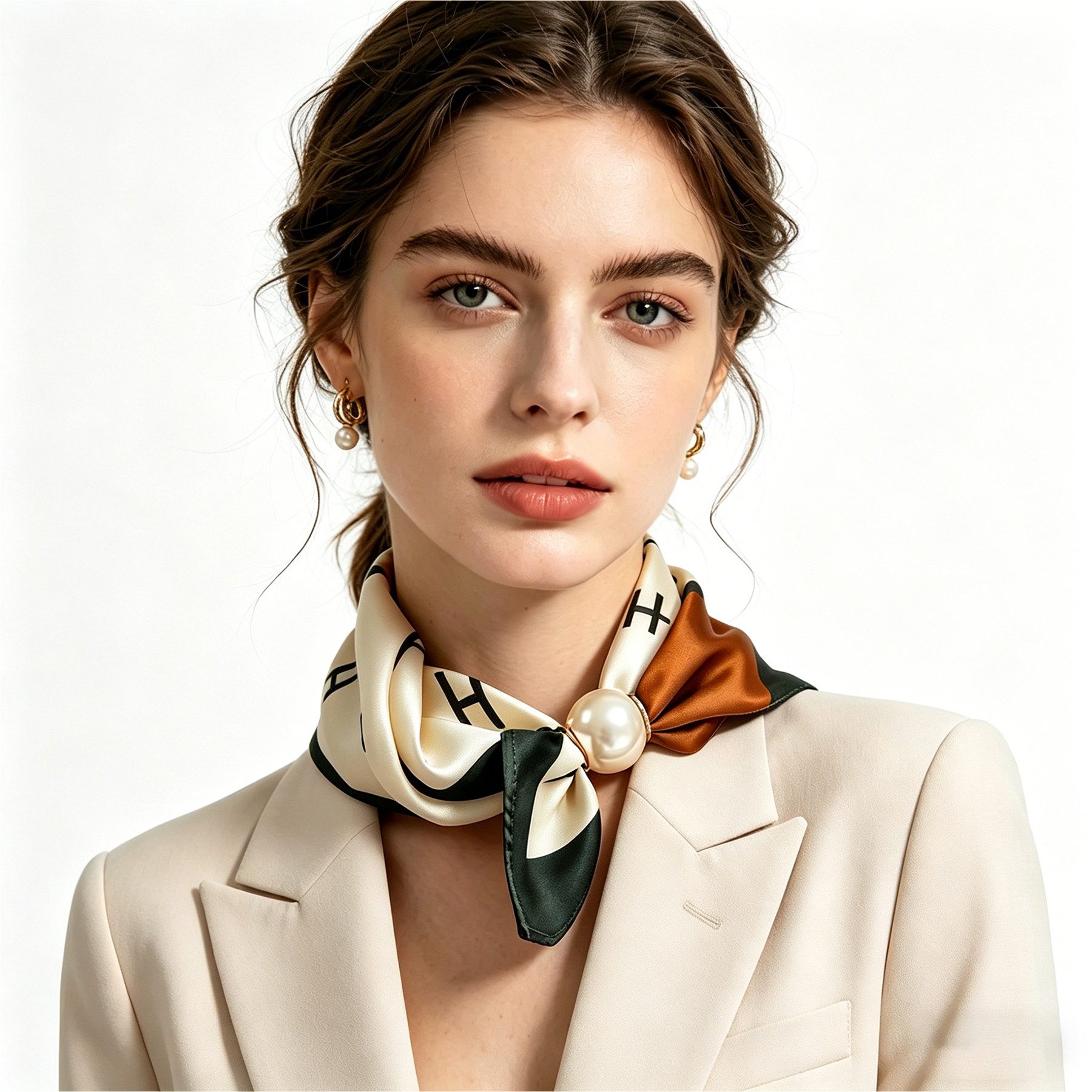 Mutig Modetuch Damen-Halstuch, Satin Seidenschal, Perlen-Magnetverschluss, Vielseitig, (Retro-Grafikdruck, Magnetverschluss-Design, Als Halstuch, Seidenschal oder Armband tragbar), Lässt sich mit Blazer, Hemd, Mantel und Kleid kombinieren