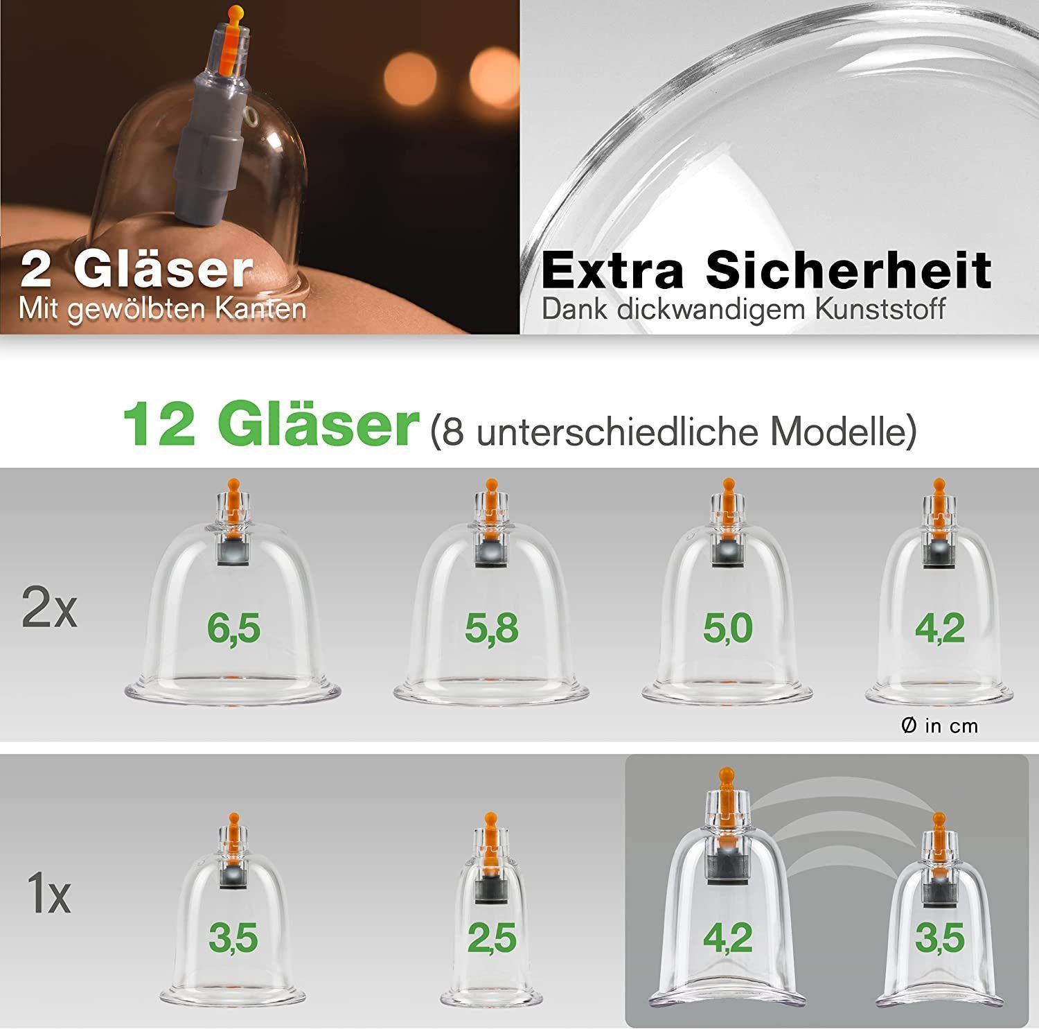 BACKLAxx® Massagegerät Schröpfen Set, 12x Glocken, 6x Therapiemagnete, 1x Vakuumpumpe, 1x Faszienschaber, 1x Schlauch, 1x Mikrofasertuch 21-tlg., 12 teilig
