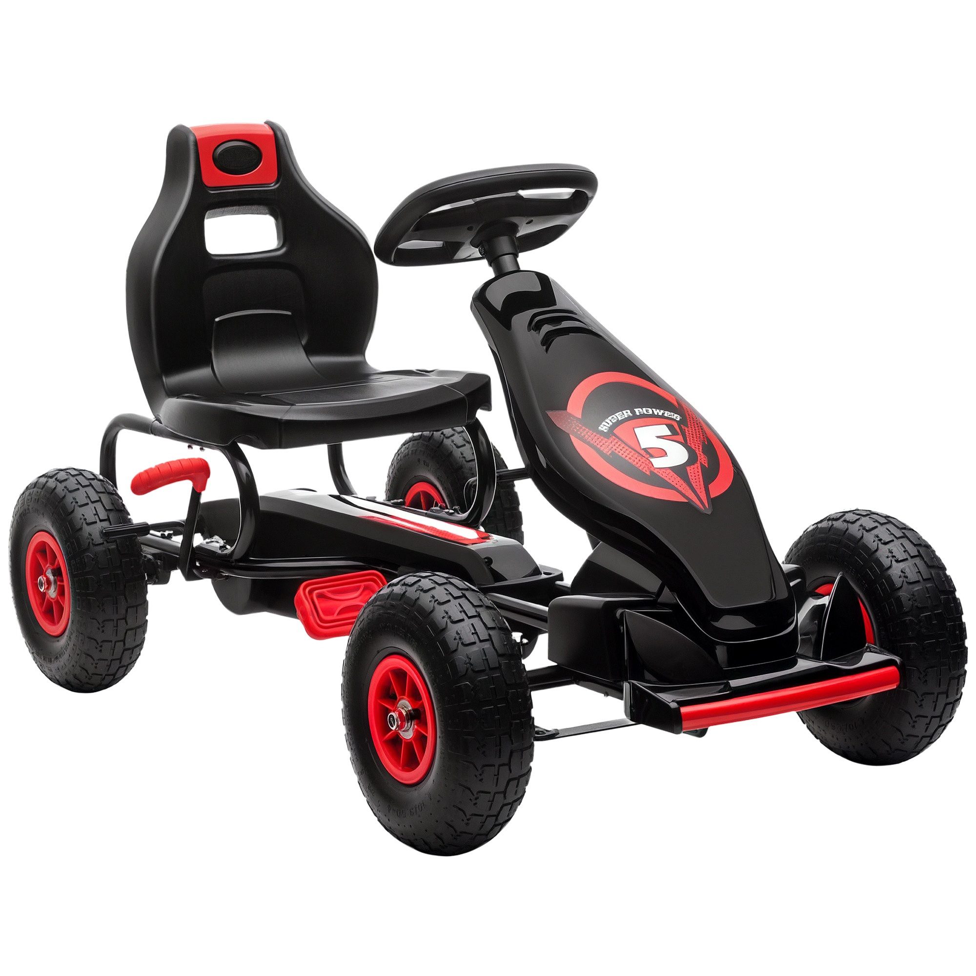 HOMCOM Go-Kart Kinderfahrzeug, Tretfahrzeug, Pedal und Handbremse, Outdoor, für Garten, Balkon, Rot+Schwarz