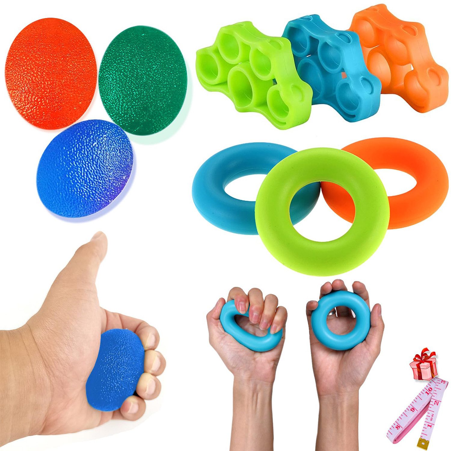 MOPUEA Handmuskeltrainer Handmuskeltrainer und Fingertrainer-Set 9er für unterarmübungen (9-St., mit drei progressiven Widerstandsstufen), 3 Griffkreis 3 Fingerauszieher 3, Handtrainer Set