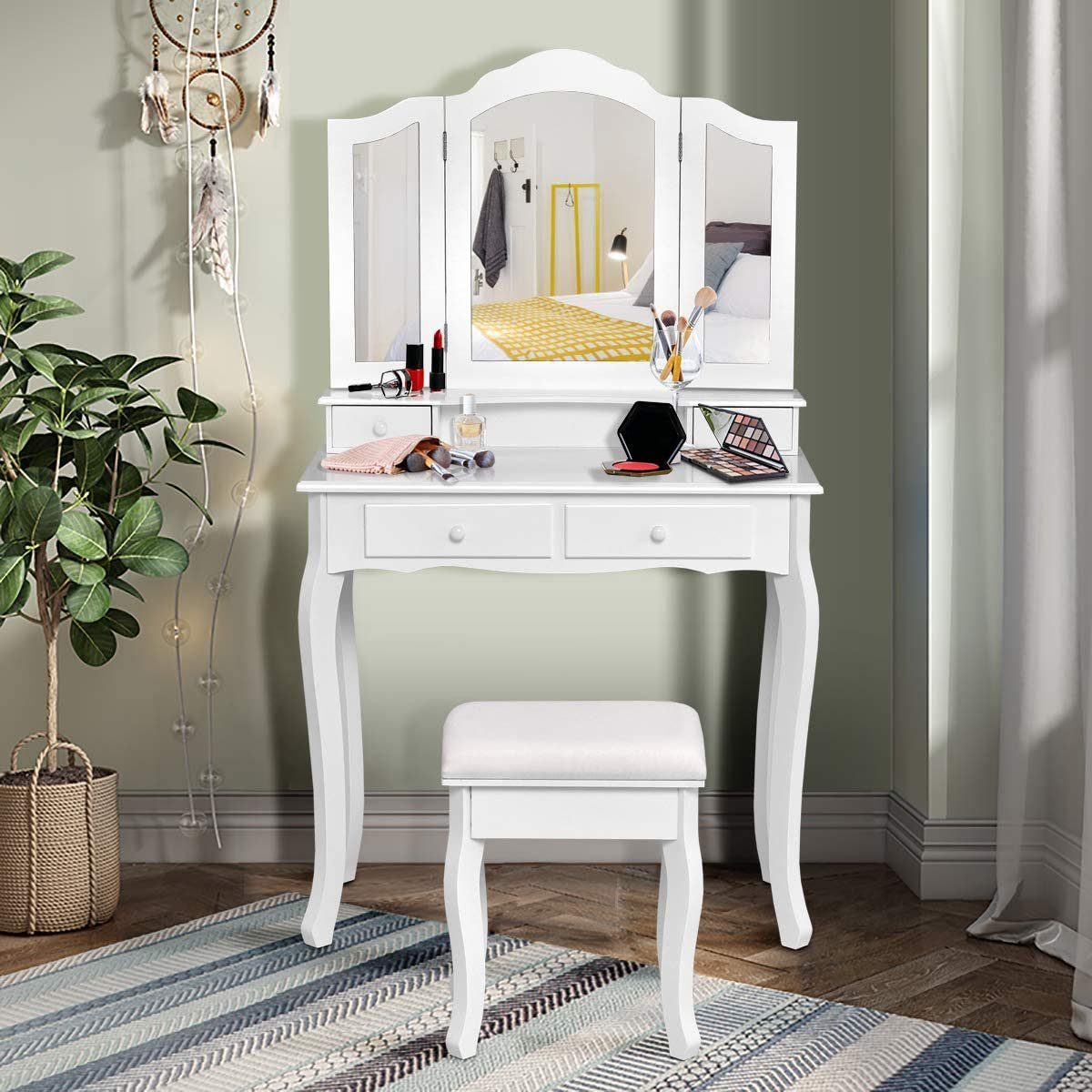 COSTWAY Schminktisch »Frisiertisch, Make-Up-Tisch, Kosmetiktisch«, mit  3-teiligem klappbarem Spiegel, mit 4 Schubladen online kaufen | OTTO