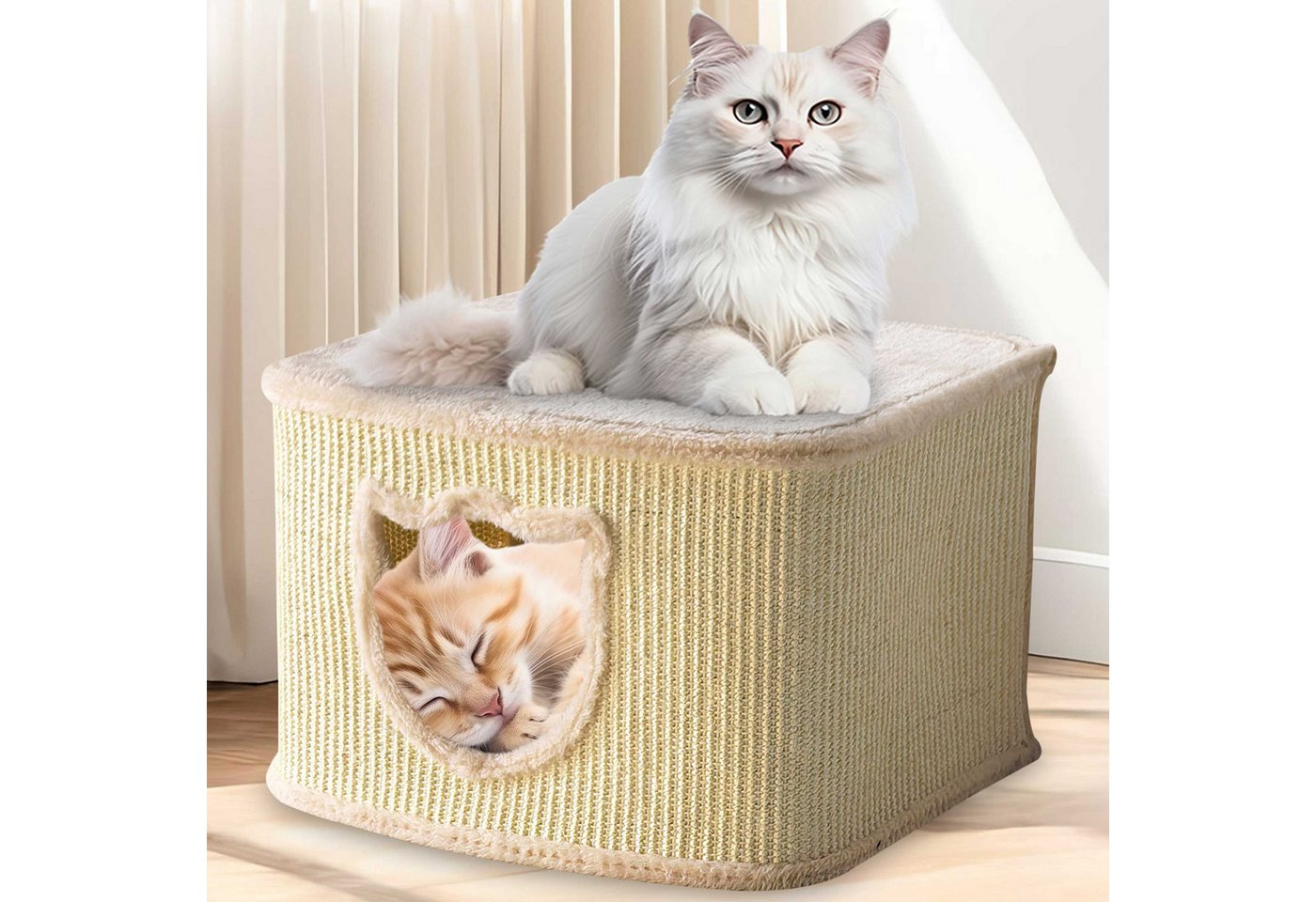 Zooprinz Katzenhaus Indoor aus Sisal mit Spielball, Plüsch, 40 × 40 × 27 cm, Modernes Design