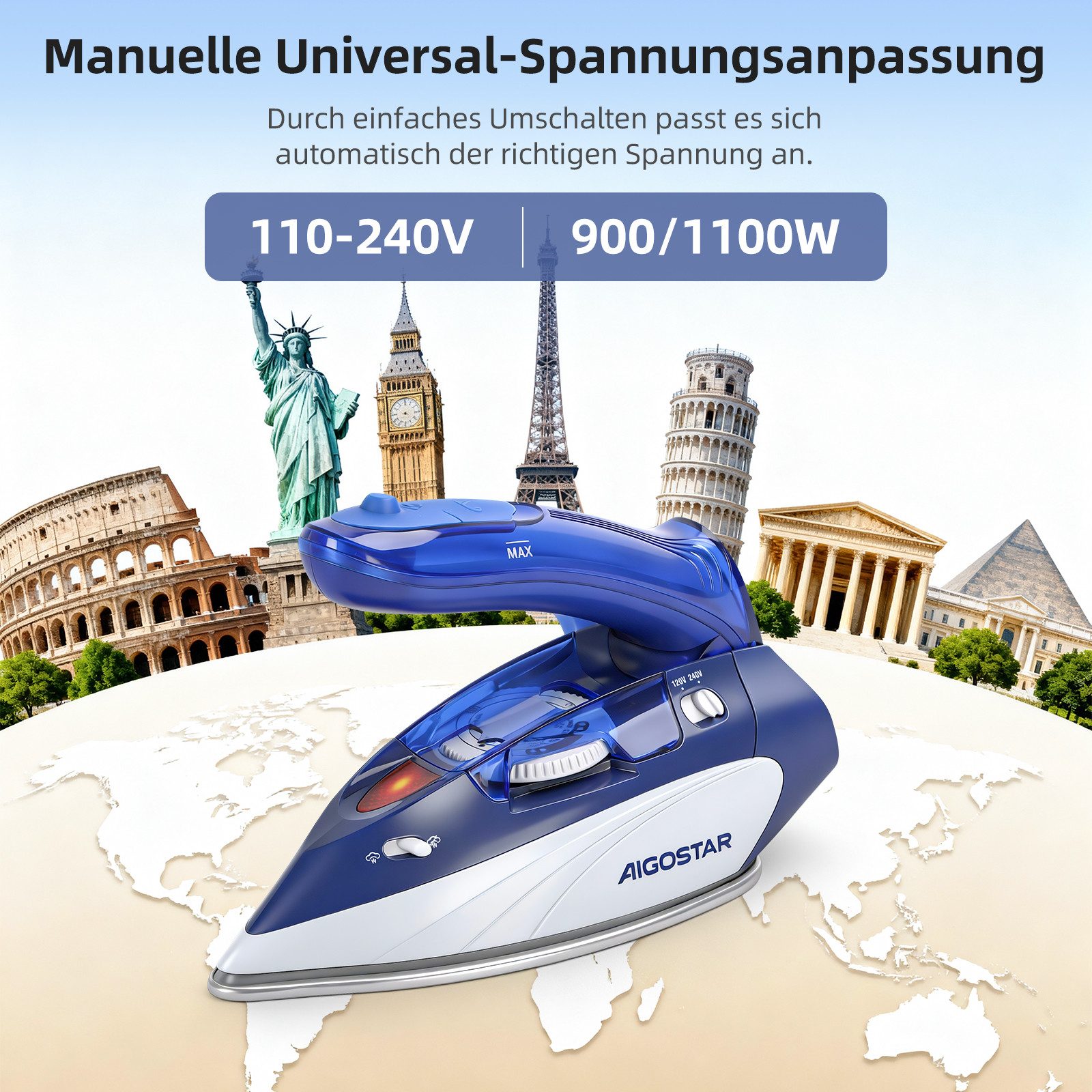 Aigostar Reise-Dampfbügeleisen Reisebügeleisen Mini, Doppelspannung 110-240V, Tragbar, Faltbarer, 1100,00 W, Reisedampfbügeleisen- und Trockenbügeln mit Wassertank 80ml