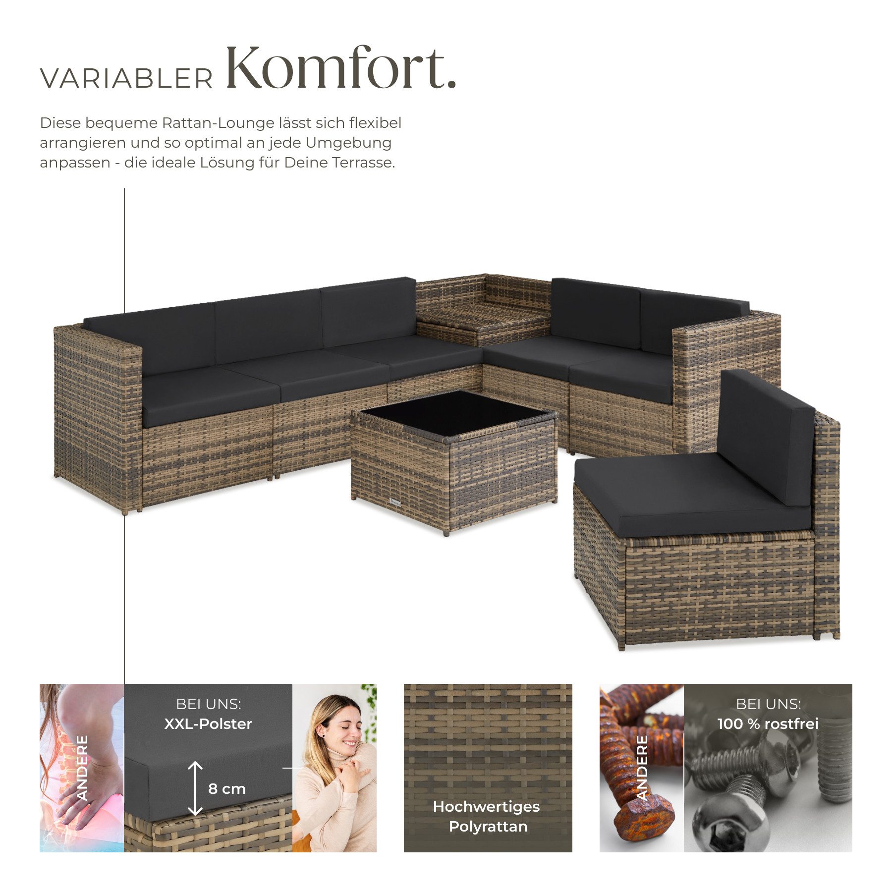 tectake Loungeset Rattan Lounge für 6 Personen, mit Sicherheitsglasplatte, (Sitzgruppe Verona, 8-tlg., in natur), widerstandsfähig, große Aufbewahrungsbox, Dicke der Polster 8 cm