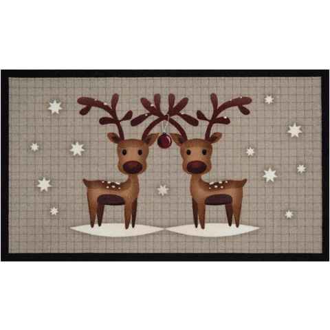 Fußmatte Two Reindeers, HANSE Home, rechteckig, Höhe: 7 mm, Tier Motiv, Robust, Rutschfest, Weihnachten, Waschbar, Rentiere