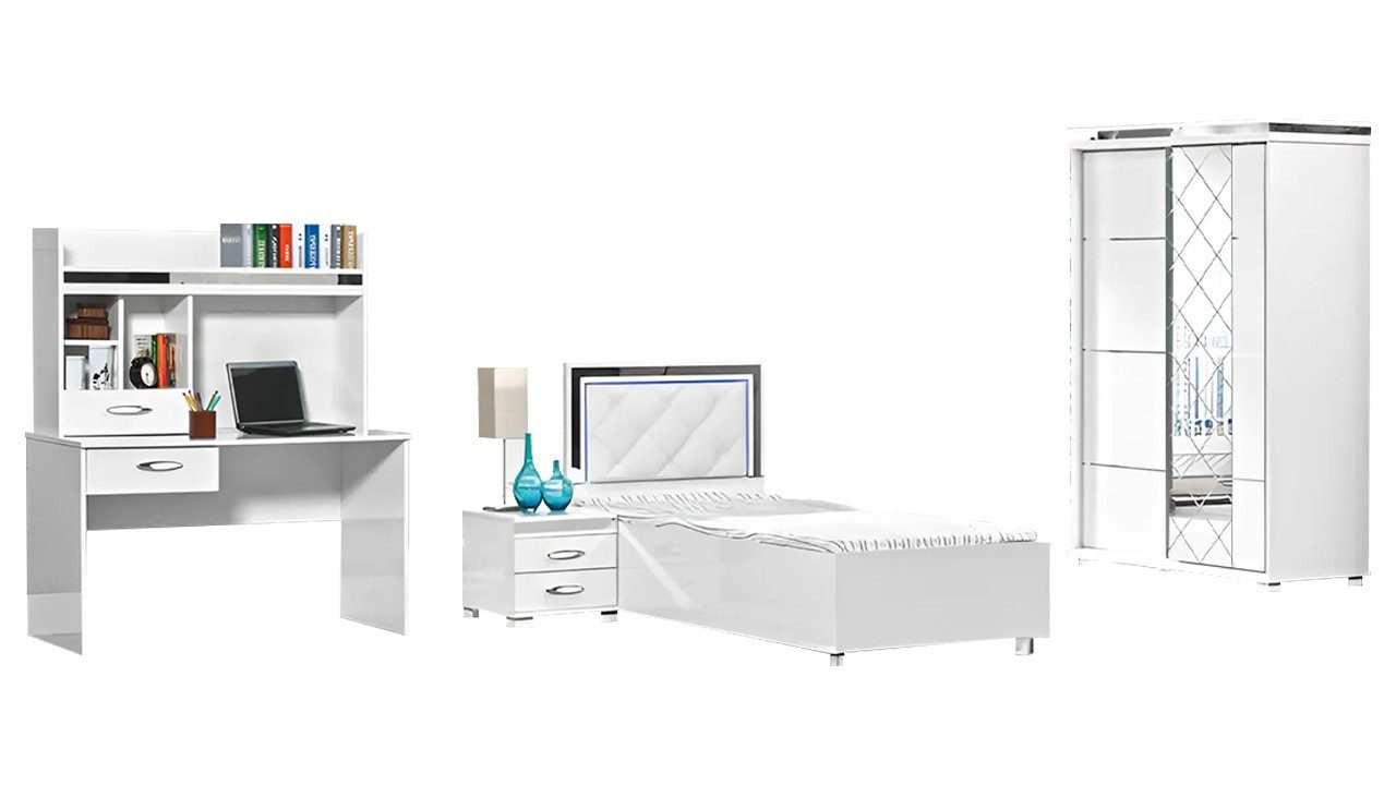 Jugendzimmer-Set XLMOEBEL Schlafzimmermöbel in Weiß mit Schreibtisch und Kleiderschrank