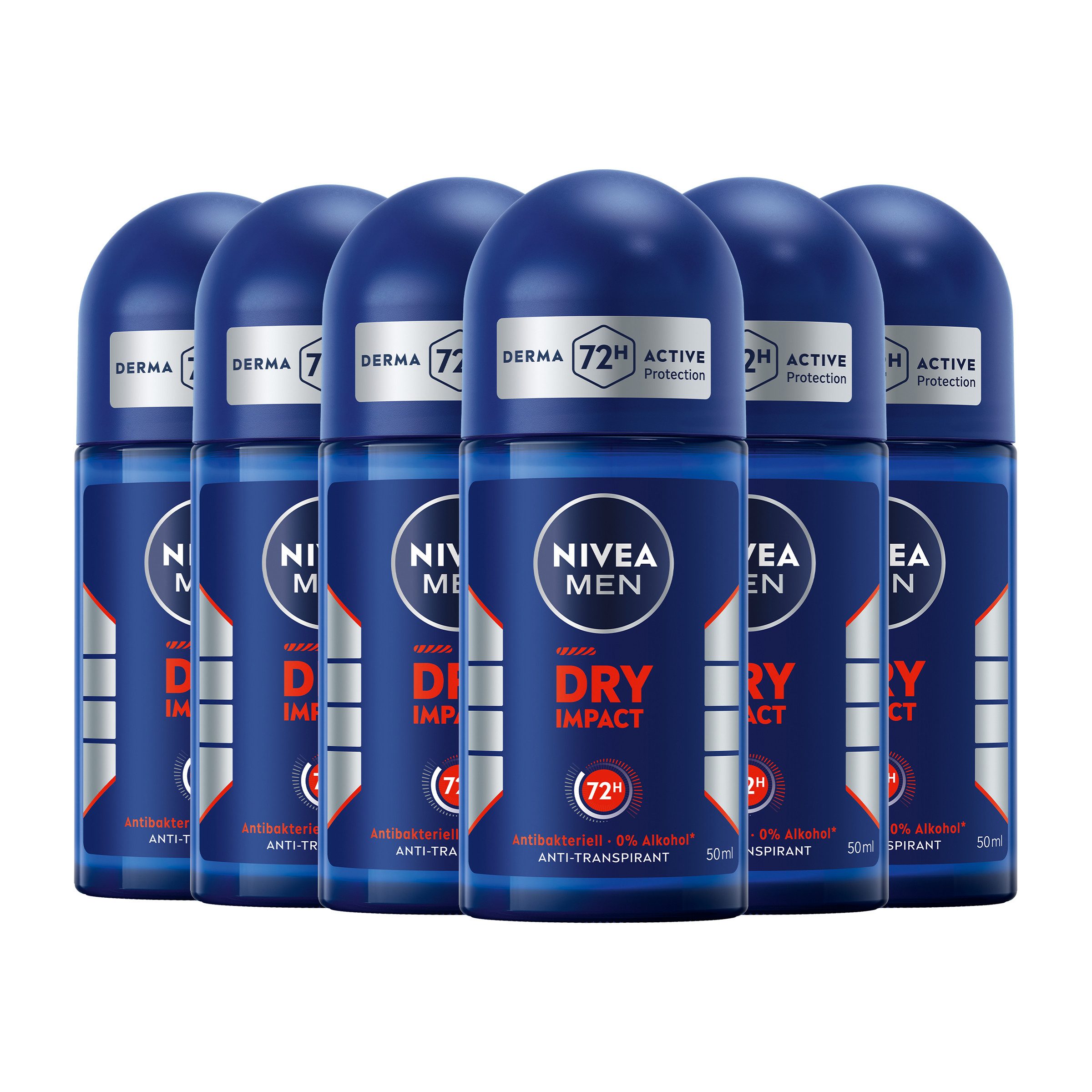 Nivea Men Deo-Roller Dry Impact Deo Roll-On, 6 x 50ml, Set, 6-tlg., Zuverlässiger 72h Anti-Transpirant-Schutz
