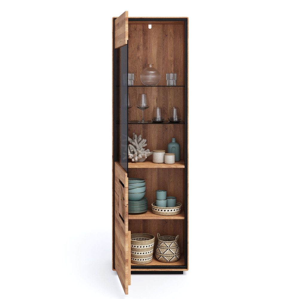 Lomadox Vitrine WOODBRIDGE-69 in Eiche massiv geölt, 60 cm breit, Hirnholz, montiert