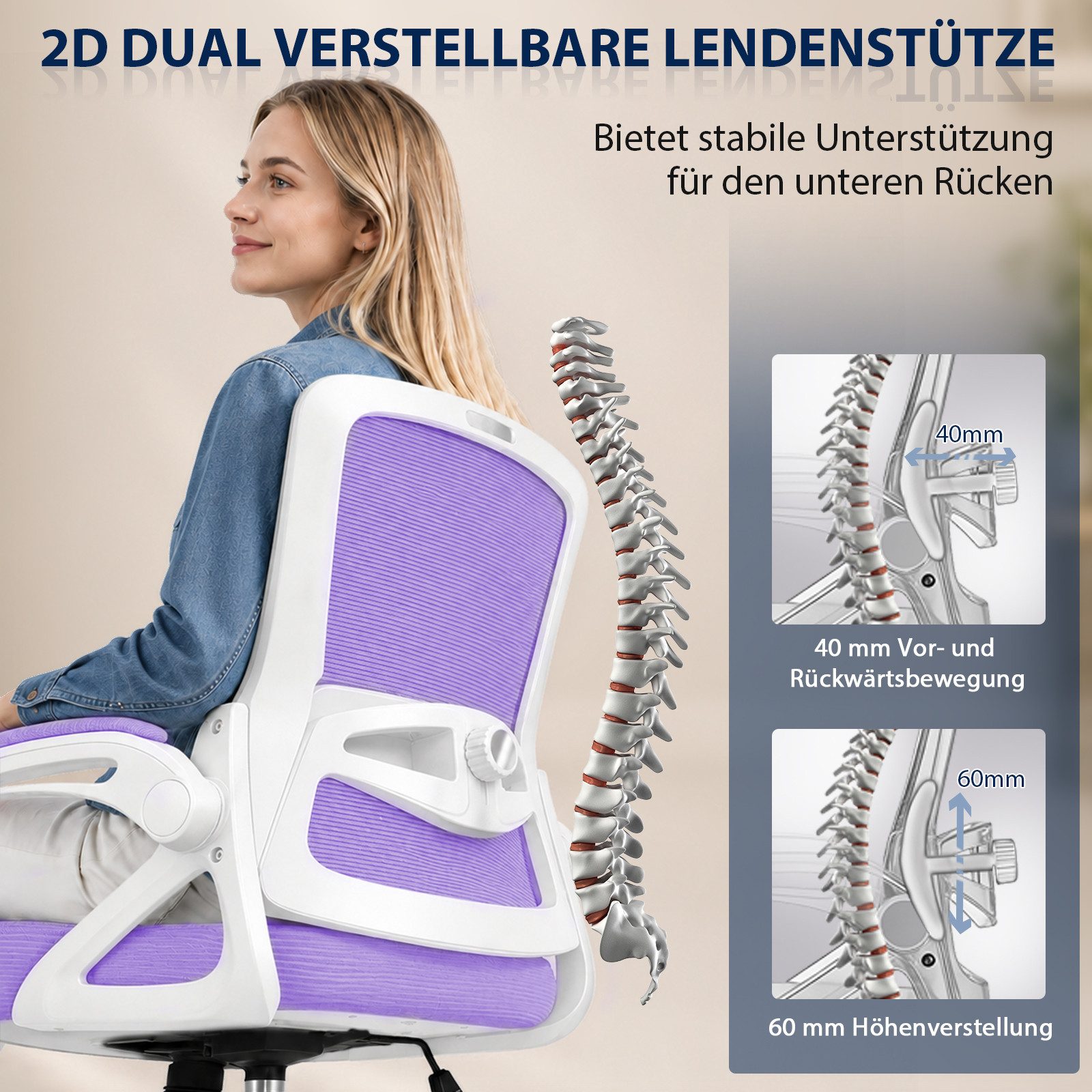 Hoolamyie Bürostuhl Schreibtischstuhl mit klappbaren Armlehnen & 2D-Lendenstütze (Atmungsaktiver Mesh-Rücken mit Lendenstütze, Wippfunktion, gepolsterten Klappa – Bild 4 von 5