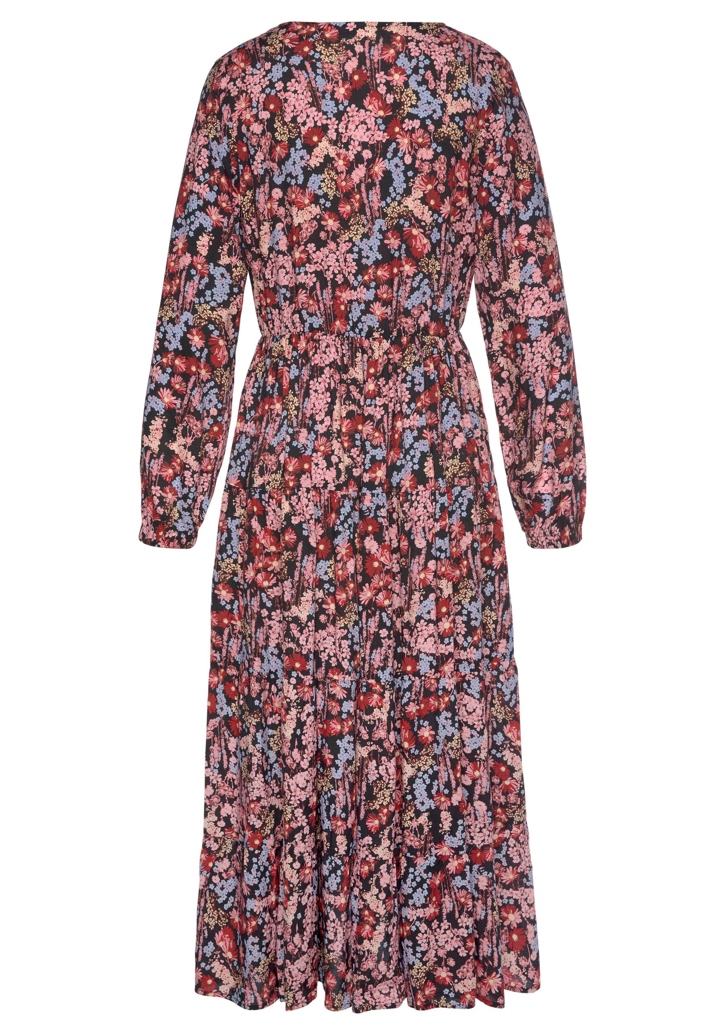 LASCANA Maxikleid mit Blümchenprint und V-Ausschnitt aus Viskose, locker bequemer Look Langärmliges Webkleid, Sommerkleid, modisches Kaftankleid, Druckkleid – Bild 4 von 5