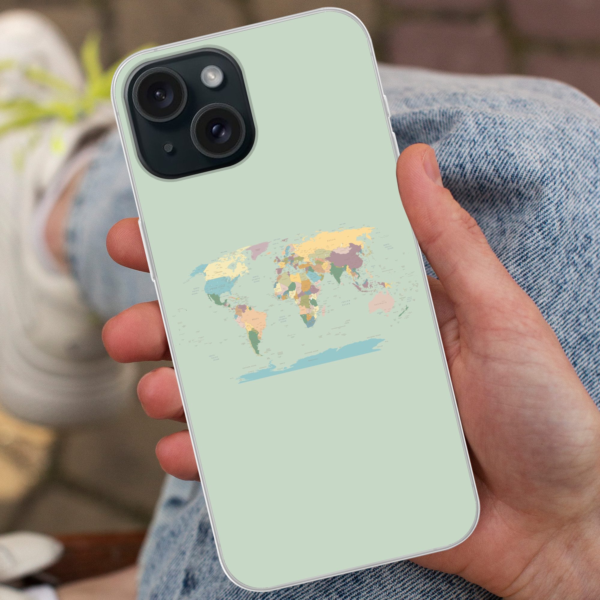 MuchoWow Handyhülle für Apple iPhone 15 Weltkarte - Realistisch - Karte, Smartphone-Bumper, Print, Handy Schutzhülle Dünn