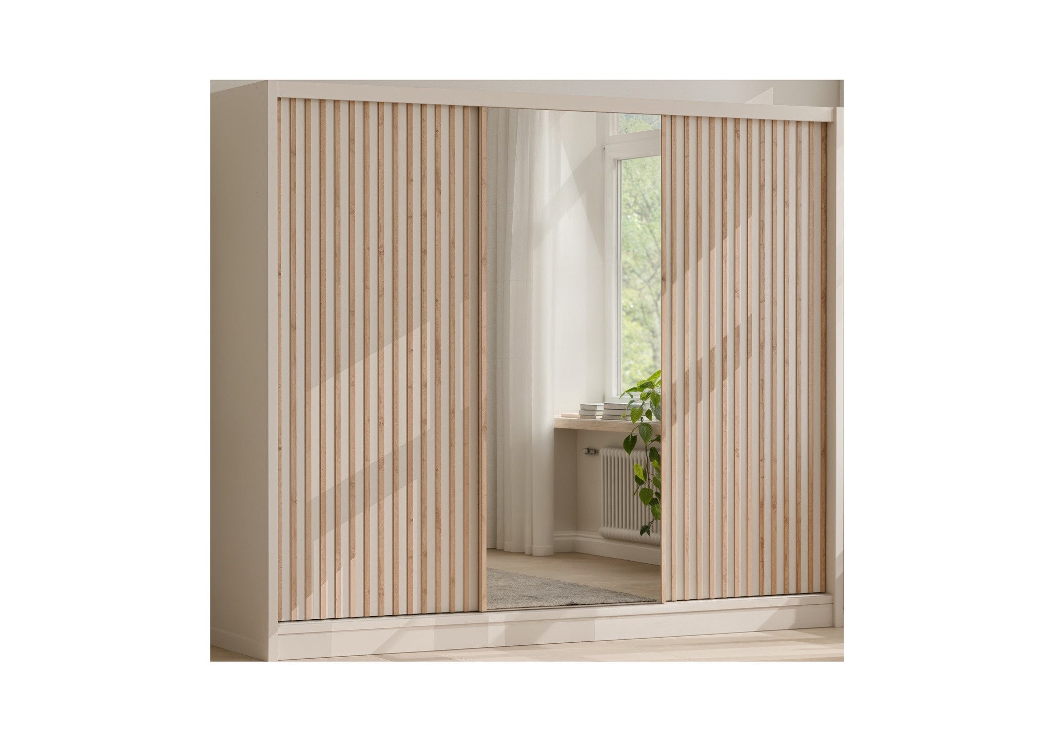 COMBO Schiebetürenschrank 250x215cm 3 Schiebetüren Spiegel Lamellen Kaschmir Schlafzimmer (3 Schiebetüren Spiegel Lamellen Kleiderstangen Regalböden) Kaschmir elegant hell modern romantisch stilvoll zeitlos