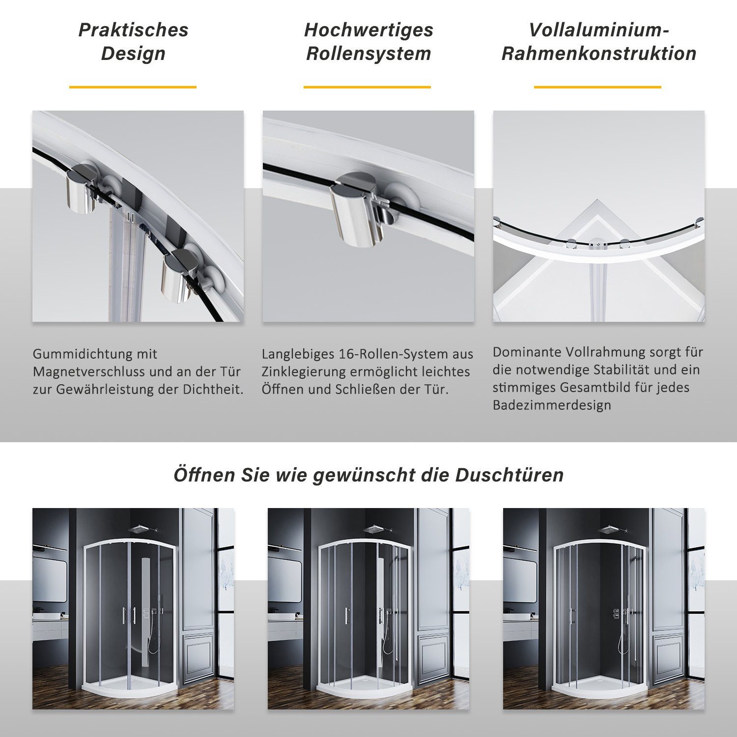 GOEZES Runddusche 90x90x185 Duschkabine Duschkabine Schiebetür Viertelkreis radius 55cm, BxT: 90x90 cm, 5mm Sicherheitsglas, Duschwand für Dusche, 16 Türrollen, Magnetdichtleisten, Links und Recht montierbar