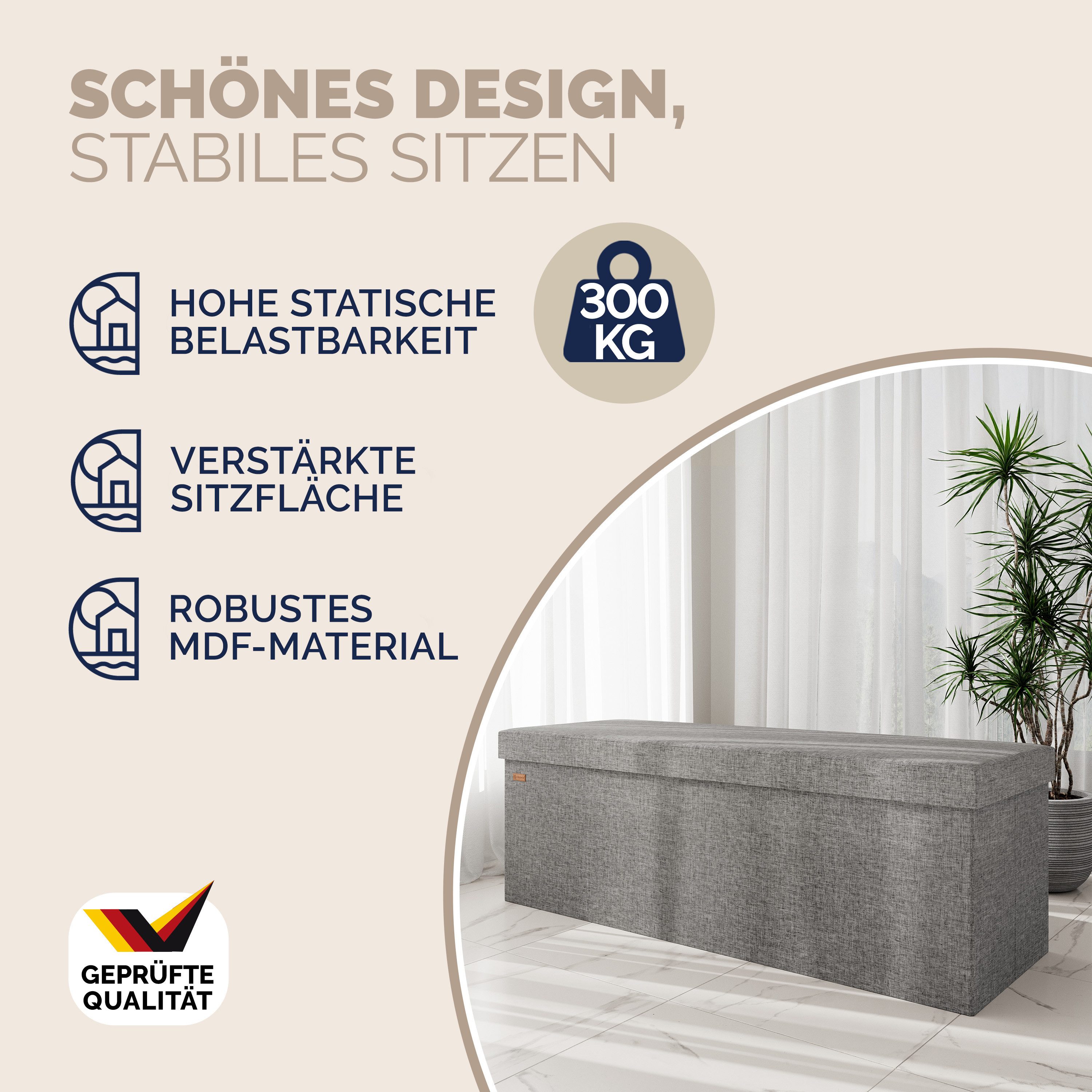 Casaria Sitzbank (1-St), mit Stauraum 115x40x40cm Faltbar 130 L Gepolstert Deckel Stoff