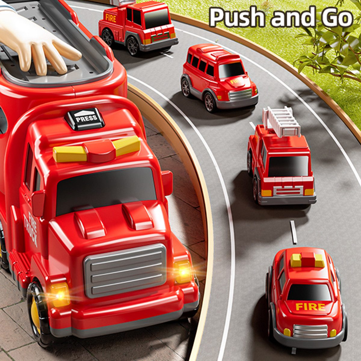 TEMI Toy Car 7 Pack Carrier Truck Transport City Vehicles Toy, (Set includes 1 Transport Handcart, 6 Small Fire Trucks), Made in China