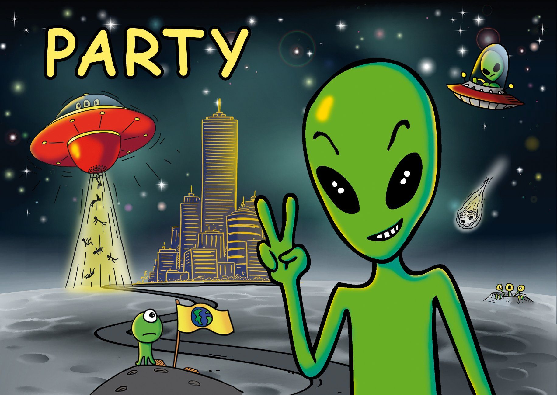 Partystrolche Einladungskarten Einladungen Alien 8 St. für die Weltraum Alien Party