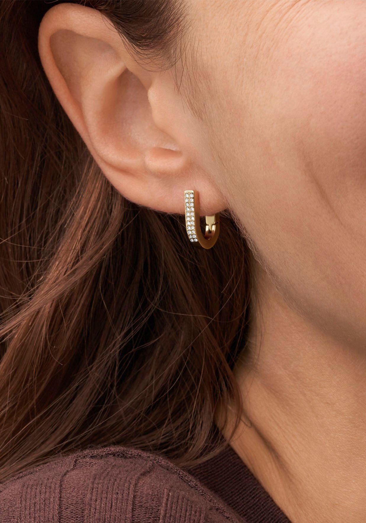 Fossil Paar Creolen Schmuck Geschenk Edelstahl Ohrringe HERITAGE D-LINK GLITZ, mit Glassteinen - Einhänger abnehmbar