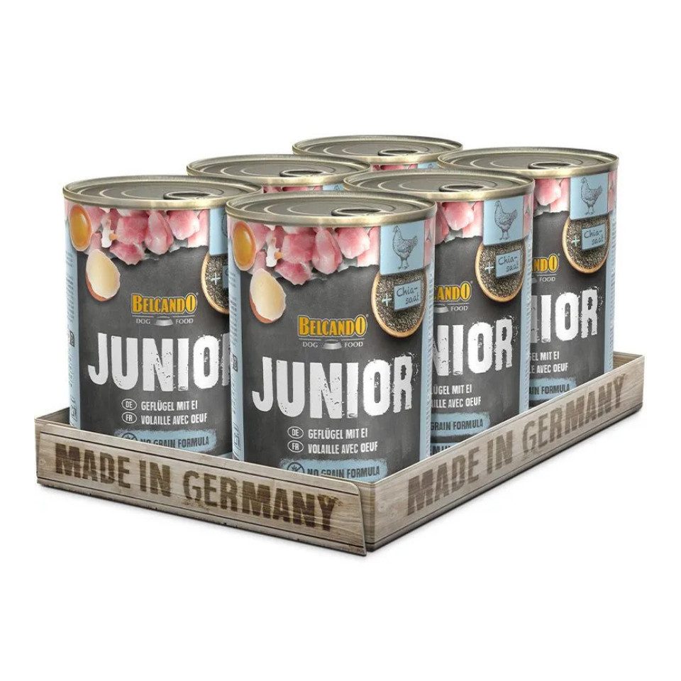 Belcando Junior Geflügel mit Ei - hochwertiges Nassfutter aus der Dose 6x400g, Nassfutter für: Hunde
