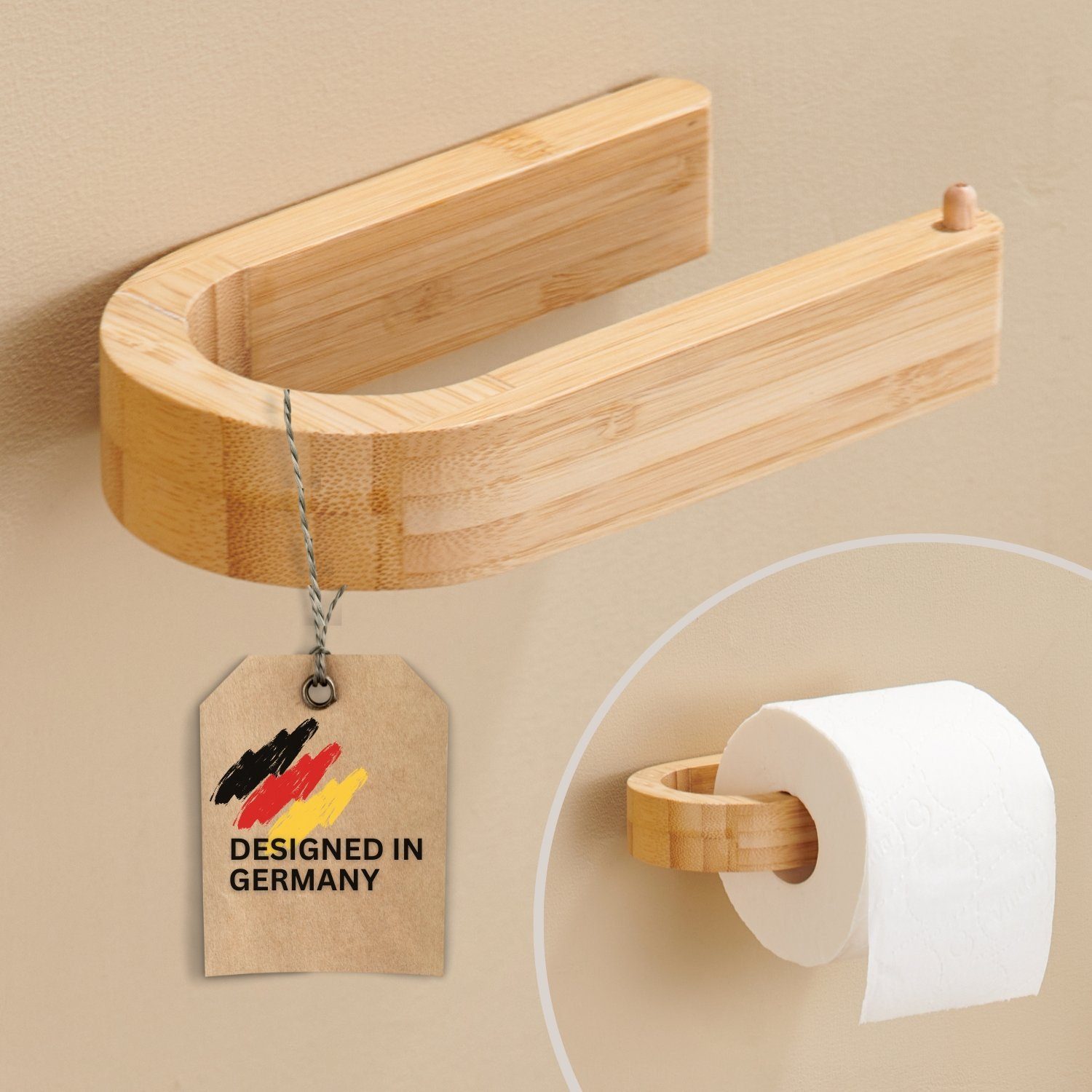 DEKAZIA Toilettenpapierhalter ohne Bohren aus FSC®-zertifiziertem Bambus, selbstklebend (Klopapierhalter Klorollenhalter WC Papier Halterung, WC Papier Halterung), Bambus Holz, ohne Bohren, WC-Rollenhalter von DEKAZIA
