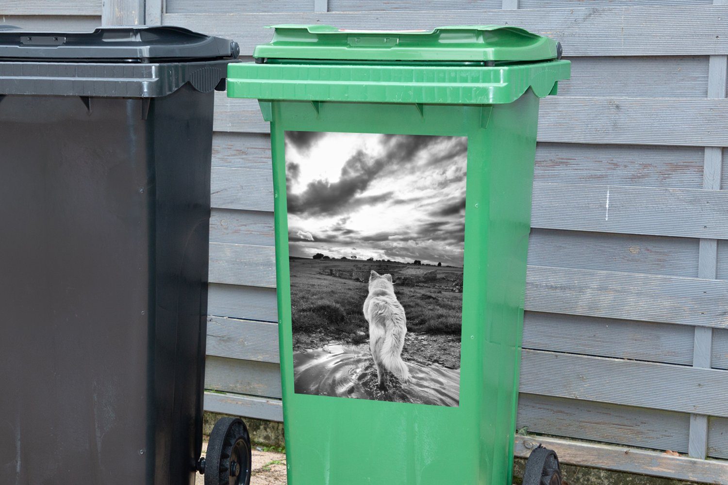 Abfalbehälter mit Wolf Wandsticker Landschaft Sticker, die Container, MuchoWow Weiß Mülltonne, in Mülleimer-aufkleber, Blick Schwarz auf St), und (1