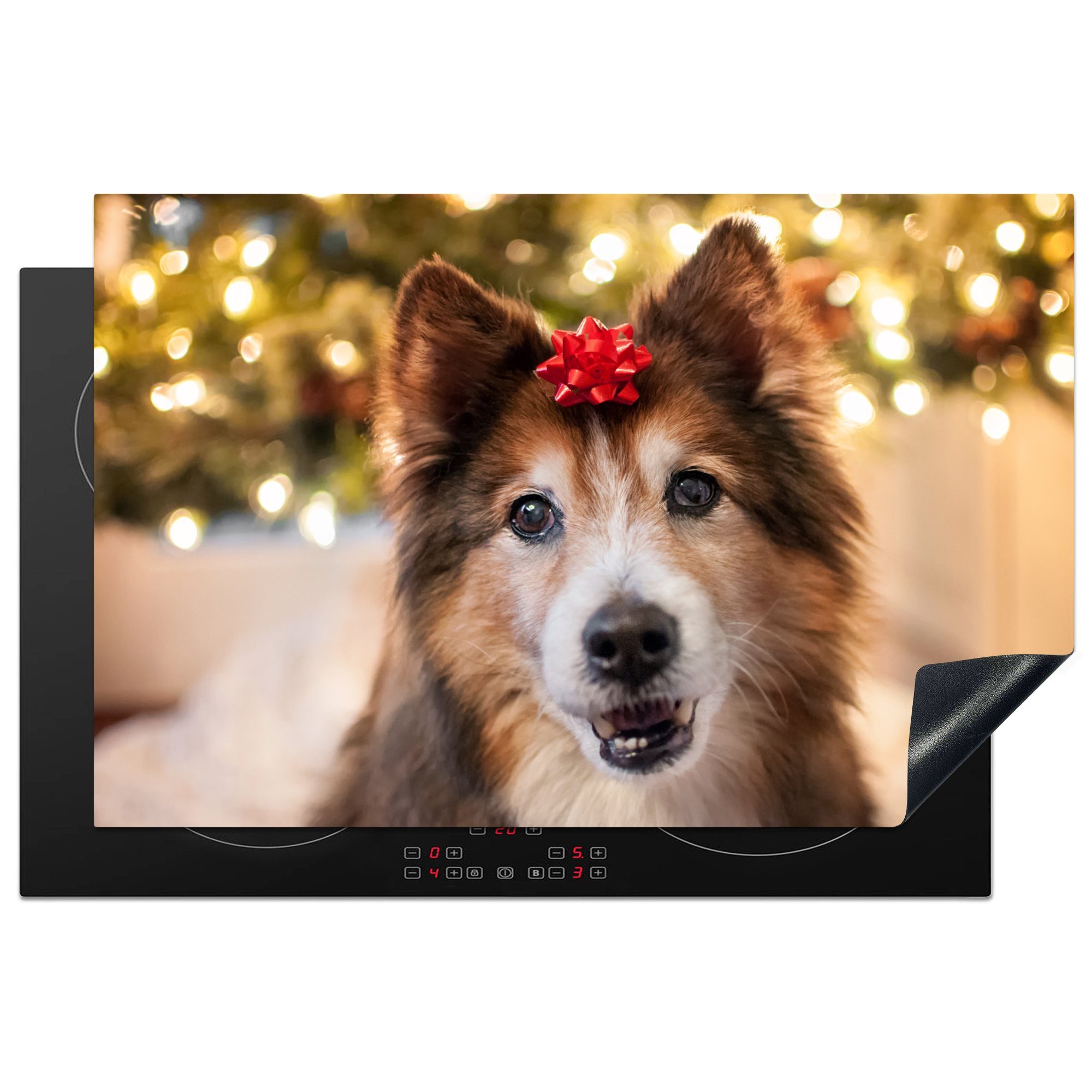 MuchoWow Herdblende-/Abdeckplatte Hund mit roter Schleife, Vinyl, (1 tlg), 81x52 cm, Induktionskochfeld Schutz für die küche, Ceranfeldabdeckung