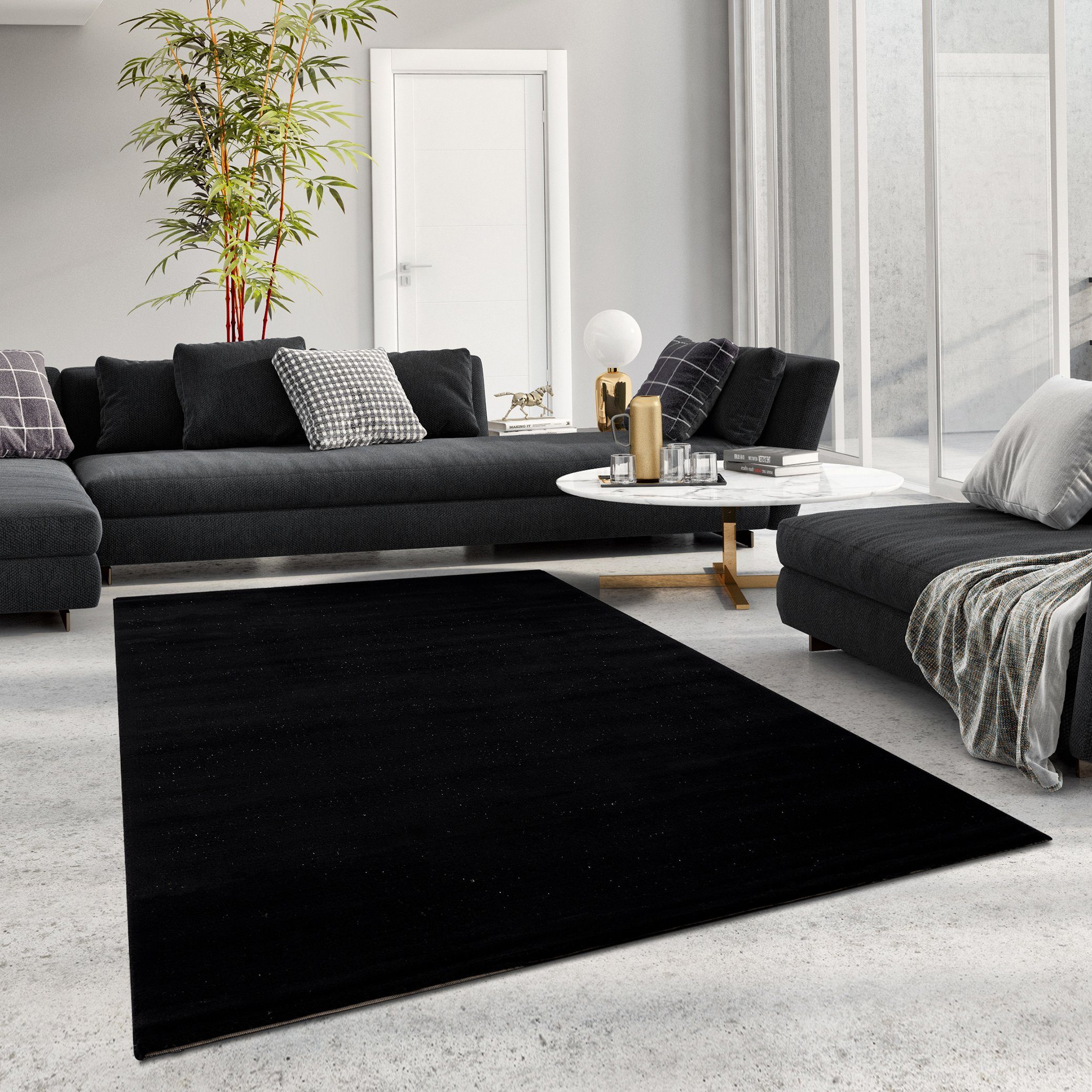 Hochflor-Teppich 2750-Einfarbig Schwarz Teppich, TEPPIA, Wohnzimmerteppich  rutschfest Küchenläufer flur Schwarz