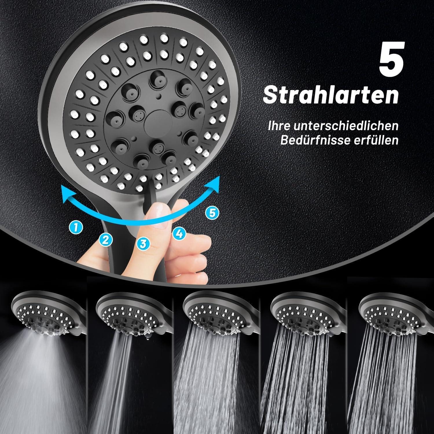 Thumbnail - LuxusKollektion Handbrause Duschbrause mit 5 Strahlarten Schwarz, Handbrause Wassersparend mit