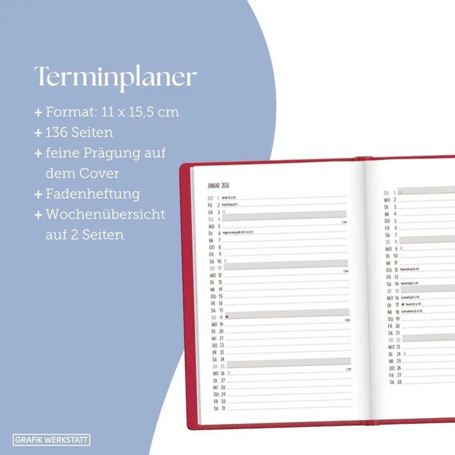 Grafik Werkstatt Taschenkalender Terminplaner Lederlook 2026 Rot