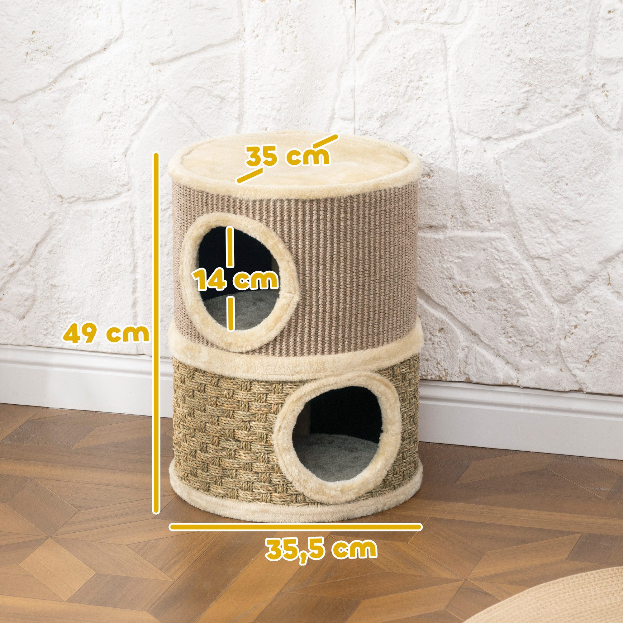 PawHut Kratztonne mit Plüschrand, Kratzmatte, 2 Höhle, (35,5 cm zweistöckige Katzentonne, 1-tlg., 49 cm hoch Kratzbaum), aus Sisal, für Katzen unter 4 kg, Khaki+Kaffee
