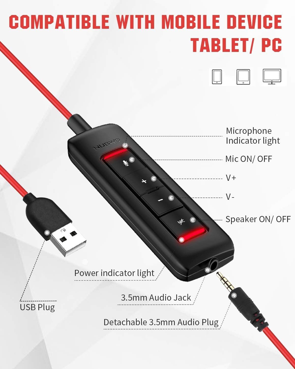 NUBWO mikrofon, controll Gaming-Headset work) volume USB-Head-Set, office skype wired Headset mikrofon for (Headset mit zoom mit