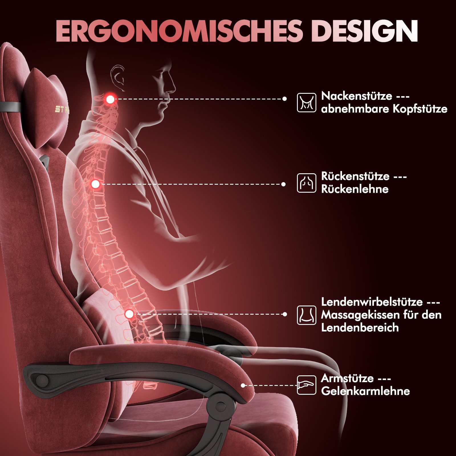 Ferghana Gaming-Stuhl Gaming-Stuhl: Kopfstütze, Lendenkissen, Armlehnen, Fußstütze (Packung), Ergonomischer PC-Stuhl,Rückenlehne 90°-125° – Bild 3 von 5