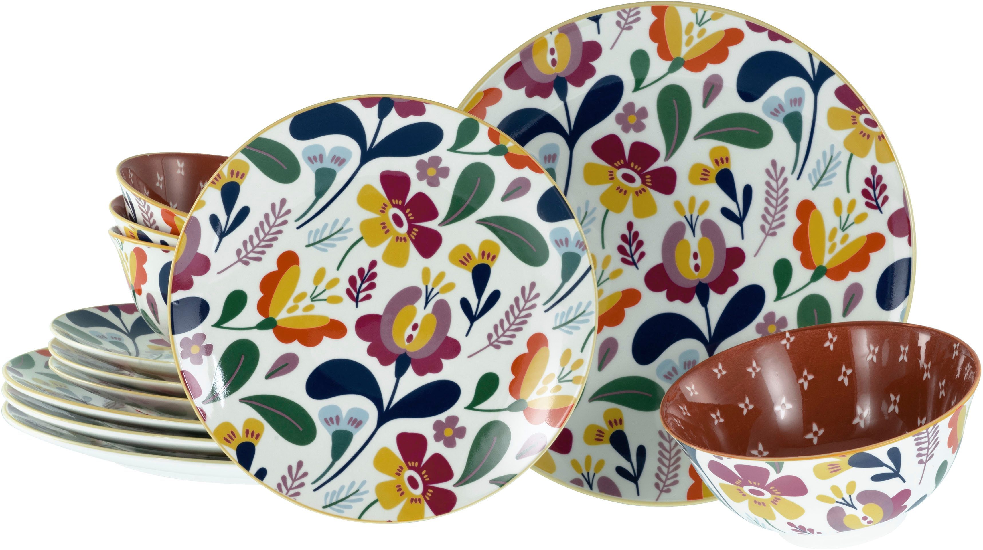 CreaTable Тарелки-Set Folklore Bunt, Тарелкиset 12-tlg (12-tlg), 4 Personen, Steinzeug, Blumenmotive