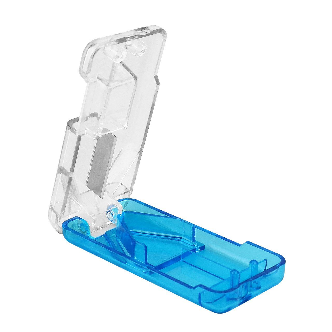 Pillendose Tablettenschneider mit Metallklinge - Kunststoff - blau/transparent