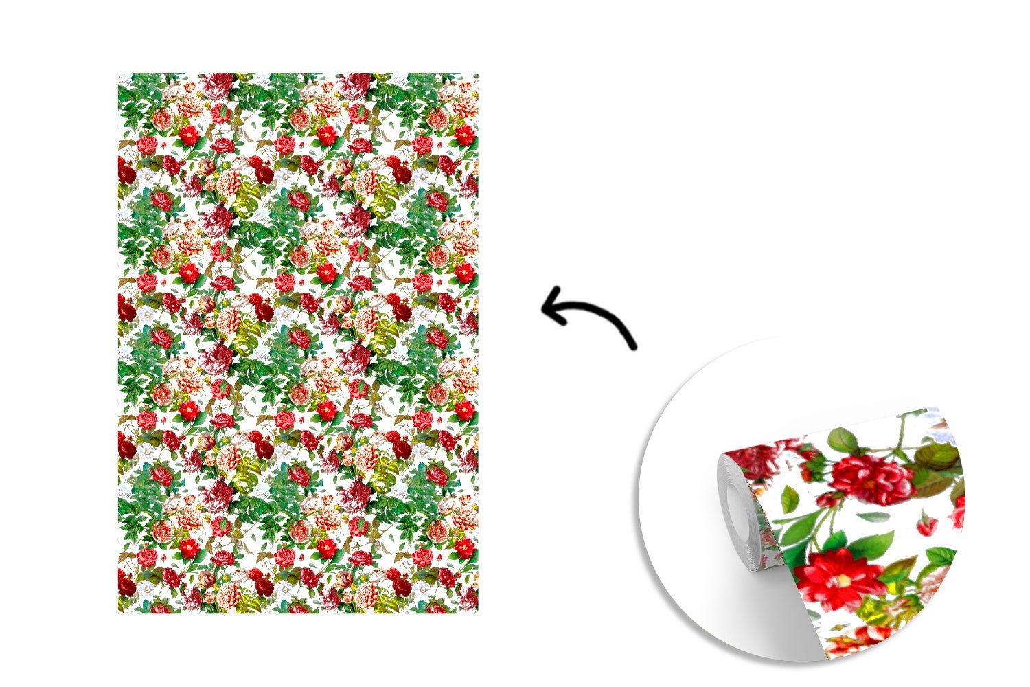 für - Vinyl Rot, Matt, Montagefertig bedruckt, - Wohnzimmer, Tapete MuchoWow Blumen Muster (3 St), Fototapete Wandtapete