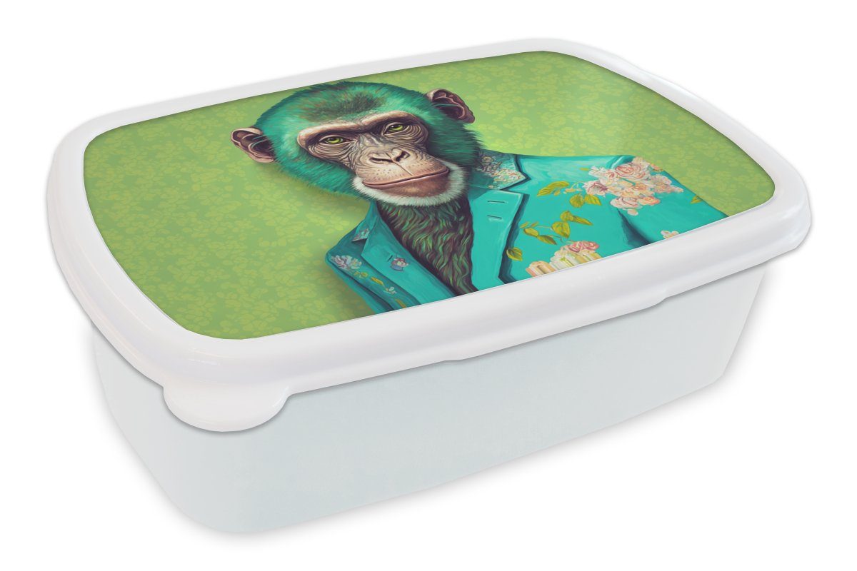 MuchoWow Lunchbox Affe - Colbert - Blumen - Neon - Porträt, Kunststoff, (2-tlg), Brotbox für Kinder und Erwachsene, Brotdose, für Jungs und Mädchen weiß