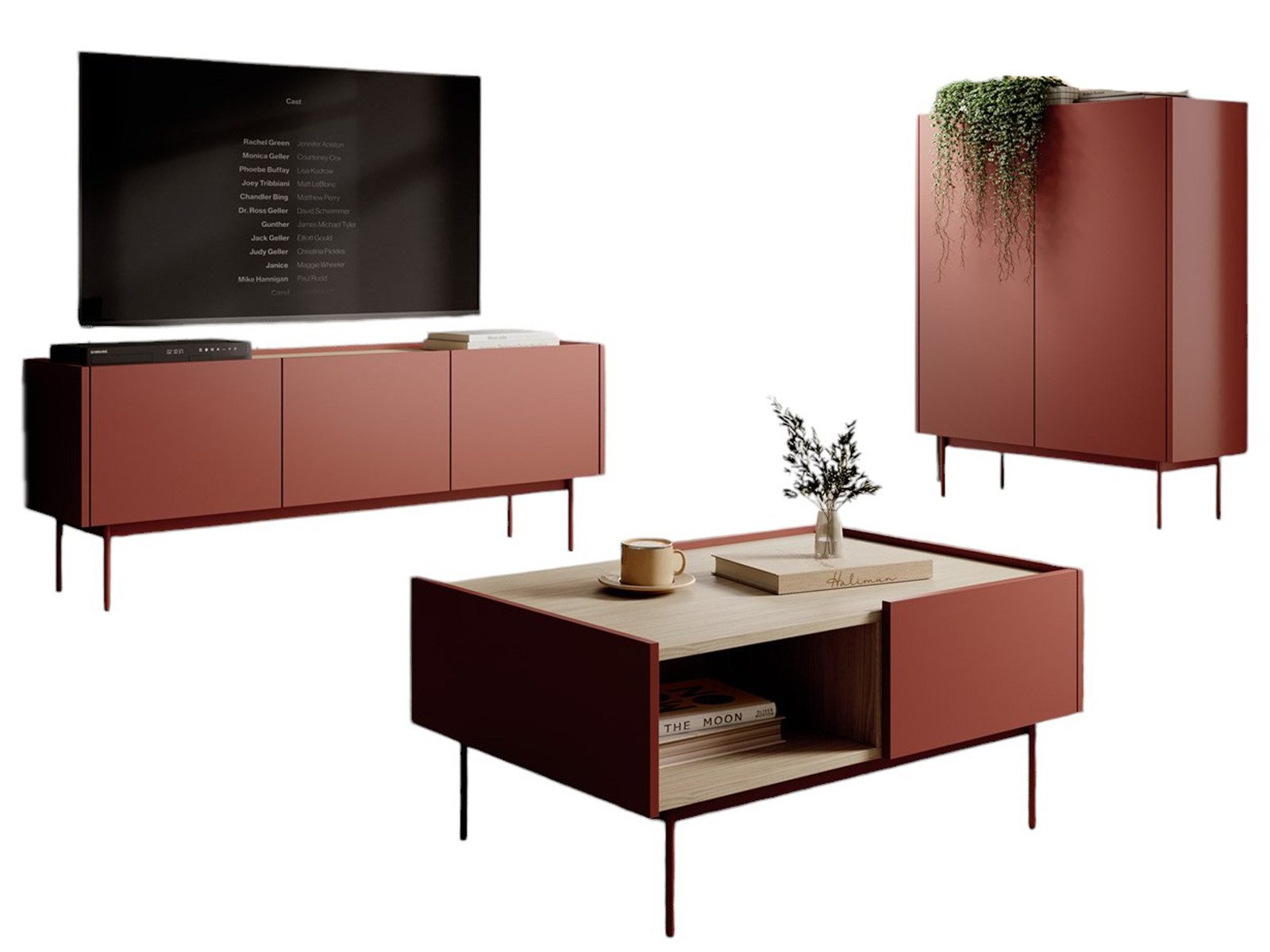 Compleo Wohnzimmer-Set (TV-Lowboard, Kommode, Couchtisch) Möbelfarbe Kaschmir oder Rot