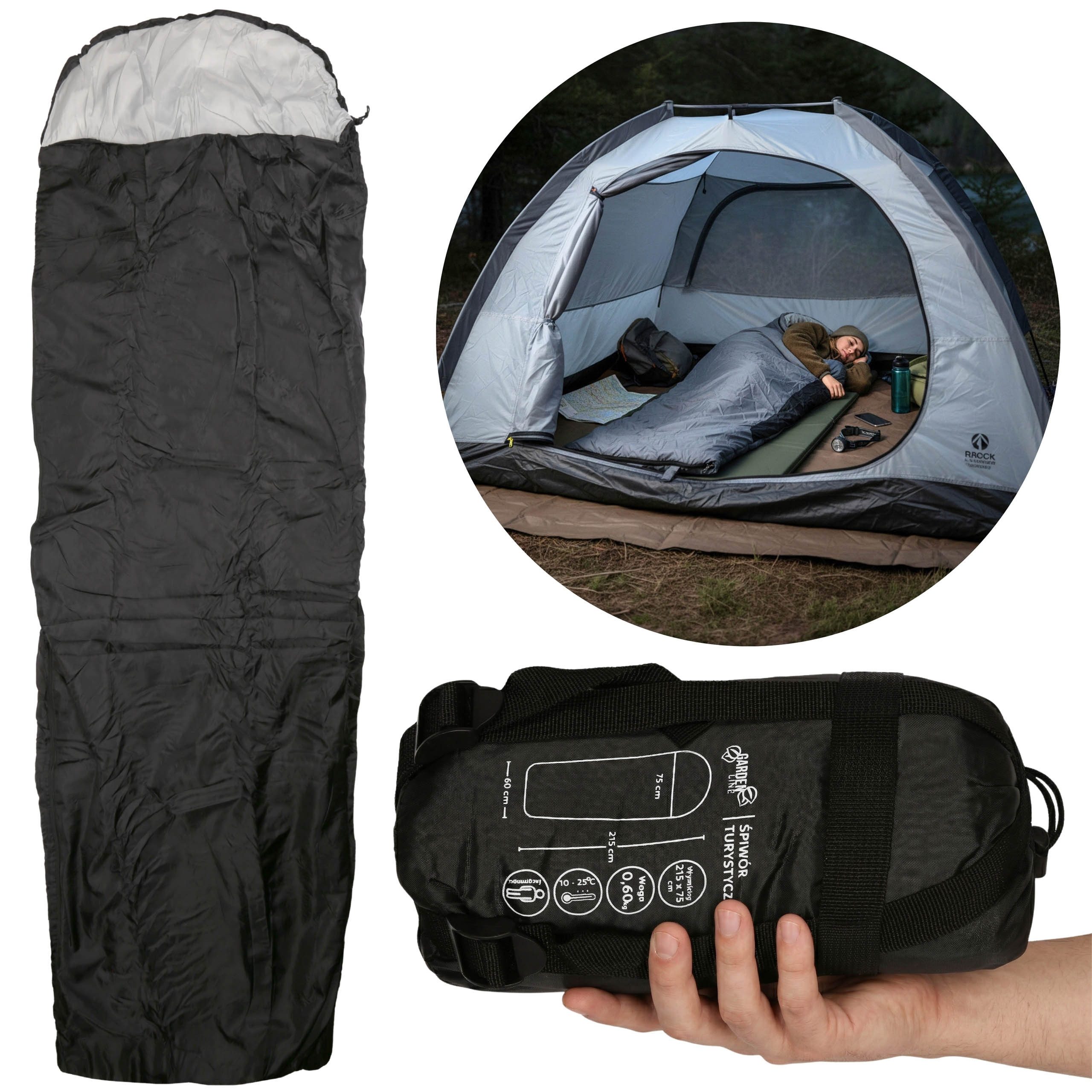 Sarcia.eu Trekkingschlafsack Wasserdichter Schlafsack 1 Person, leicht, mit Kapuze 215x75 cm