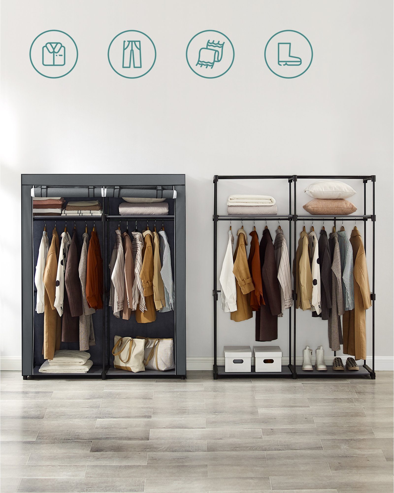 SONGMICS Stoffschrank Stoffschrank mit 2 Kleiderstangen, faltbare Garderobe, 1 er/2er Set – Bild 4 von 5